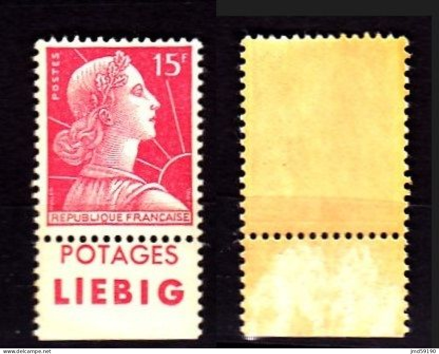 Timbre Neuf * 1011 Marianne De Muller 15fr Rouge Carminé, Avec Bande Publicitaire POTAGES LIEBIG - Unused Stamps