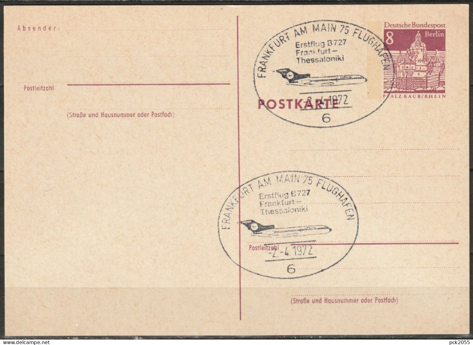 Berlin Ganzsache 1969 Mi.-Nr. P 76 Erstflugstempel Frankfurt -Thessaloniki 1.4.72  ( PK 267 ) - Cartes Postales - Oblitérées