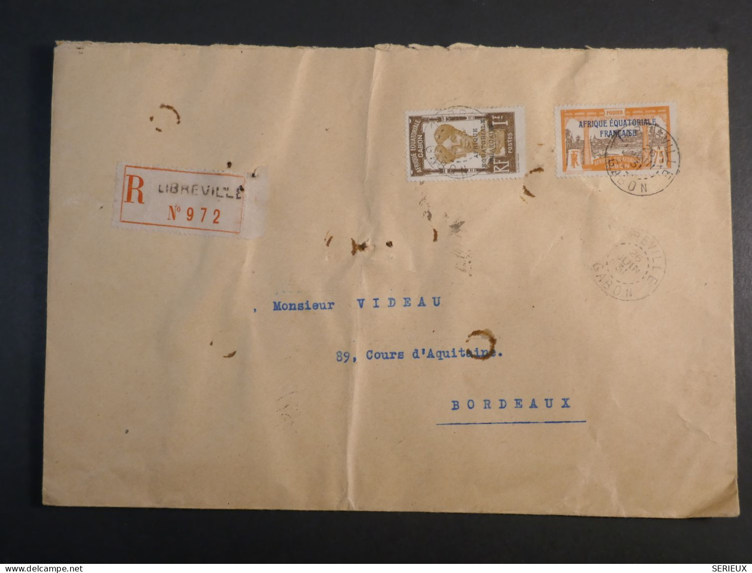 DM 21 AEF GABON BELLE   LETTRE RECO 1931 LIBREVILLE A BORDEAUX FRANCE   + +POINCONS + AFF. INTERESSANT+ - Covers & Documents