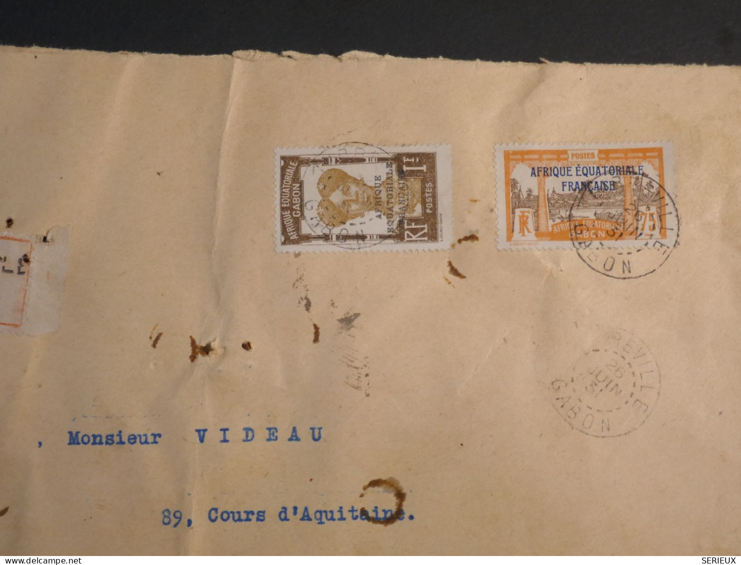 DM 21 AEF GABON BELLE   LETTRE RECO 1931 LIBREVILLE A BORDEAUX FRANCE   + +POINCONS + AFF. INTERESSANT+ - Lettres & Documents