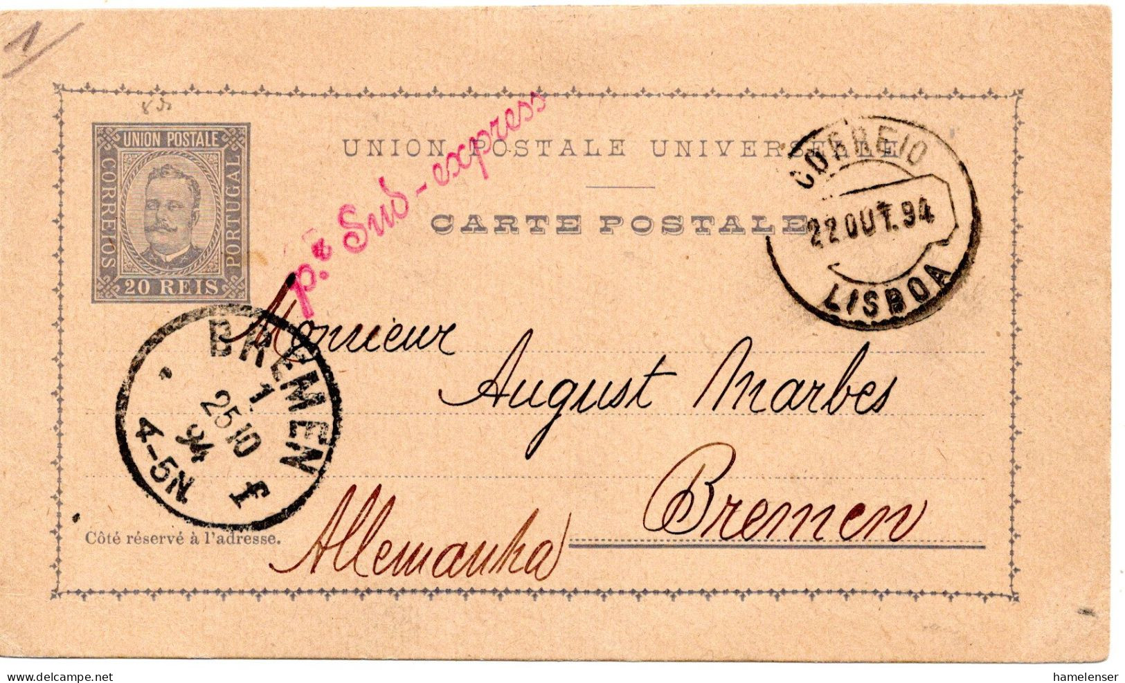76627 - Portugal - 1894 - 20R GAKte LISBOA -> BREMEN (Deutschland) - Covers & Documents