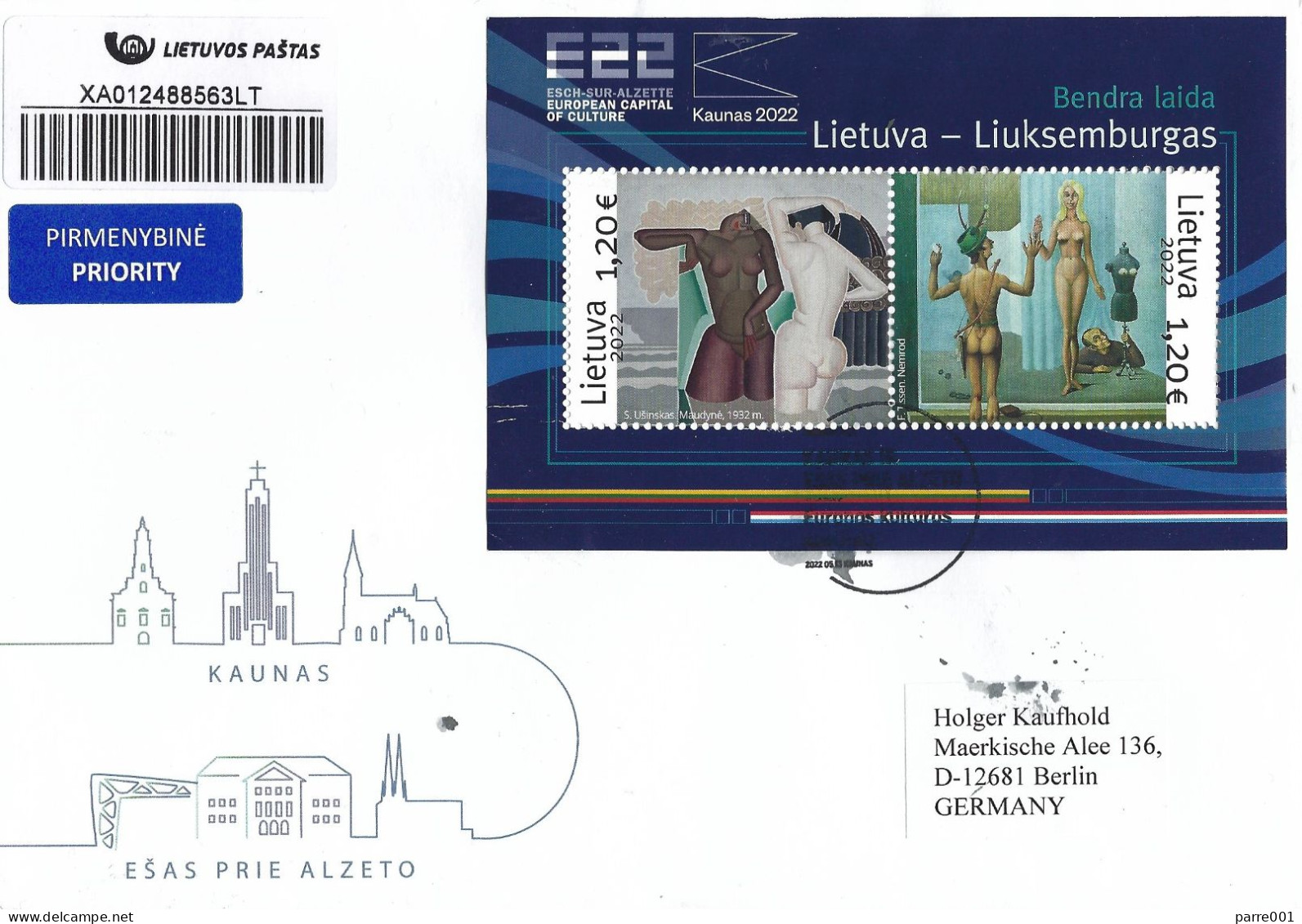 Lithuania 2022 Vilnius European Capital Of Culture Paintings MS Kaunas Esch-sur-Alzette Luxembourg Registered Cover - Joint Issues