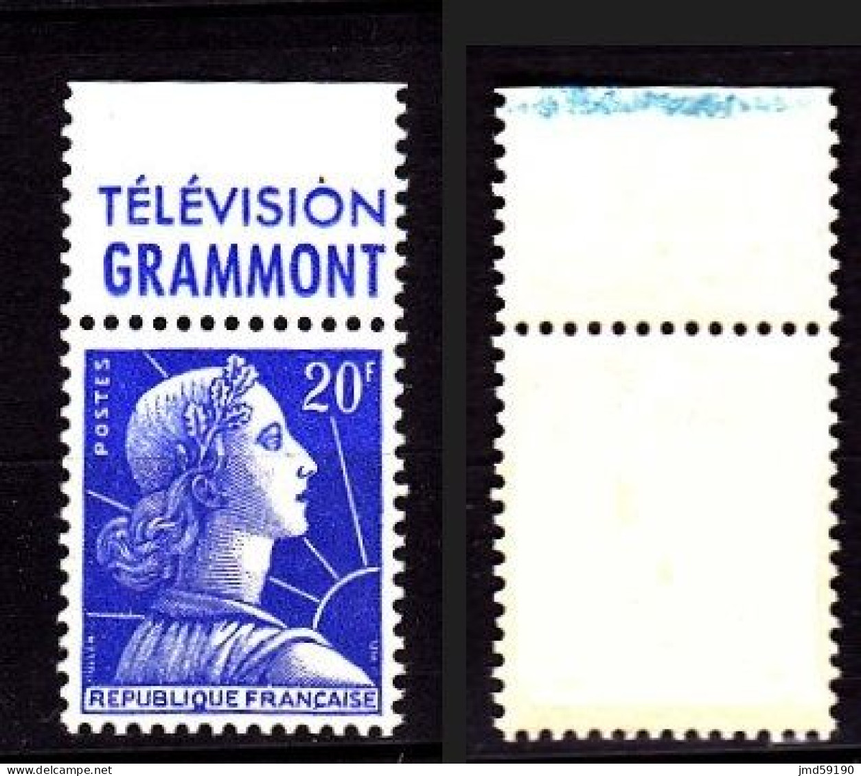 Timbre Neuf **/* 1011B Marianne De Muller 20fr Bleu, Avec Bande Publicitaire TELEVISION GRAMMONT - Unused Stamps