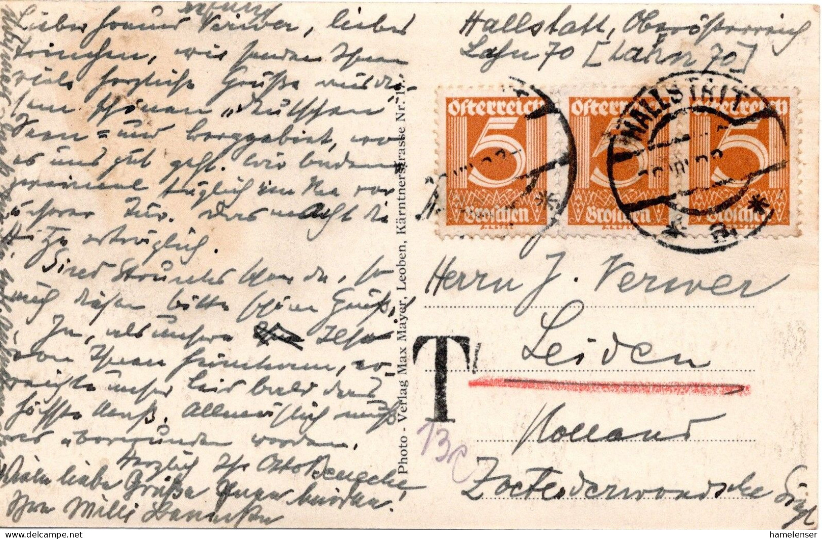 76629 - Österreich - 1927 - 3@5g Ziffer A AnsKte HALLSTADT -> Niederland - Covers & Documents