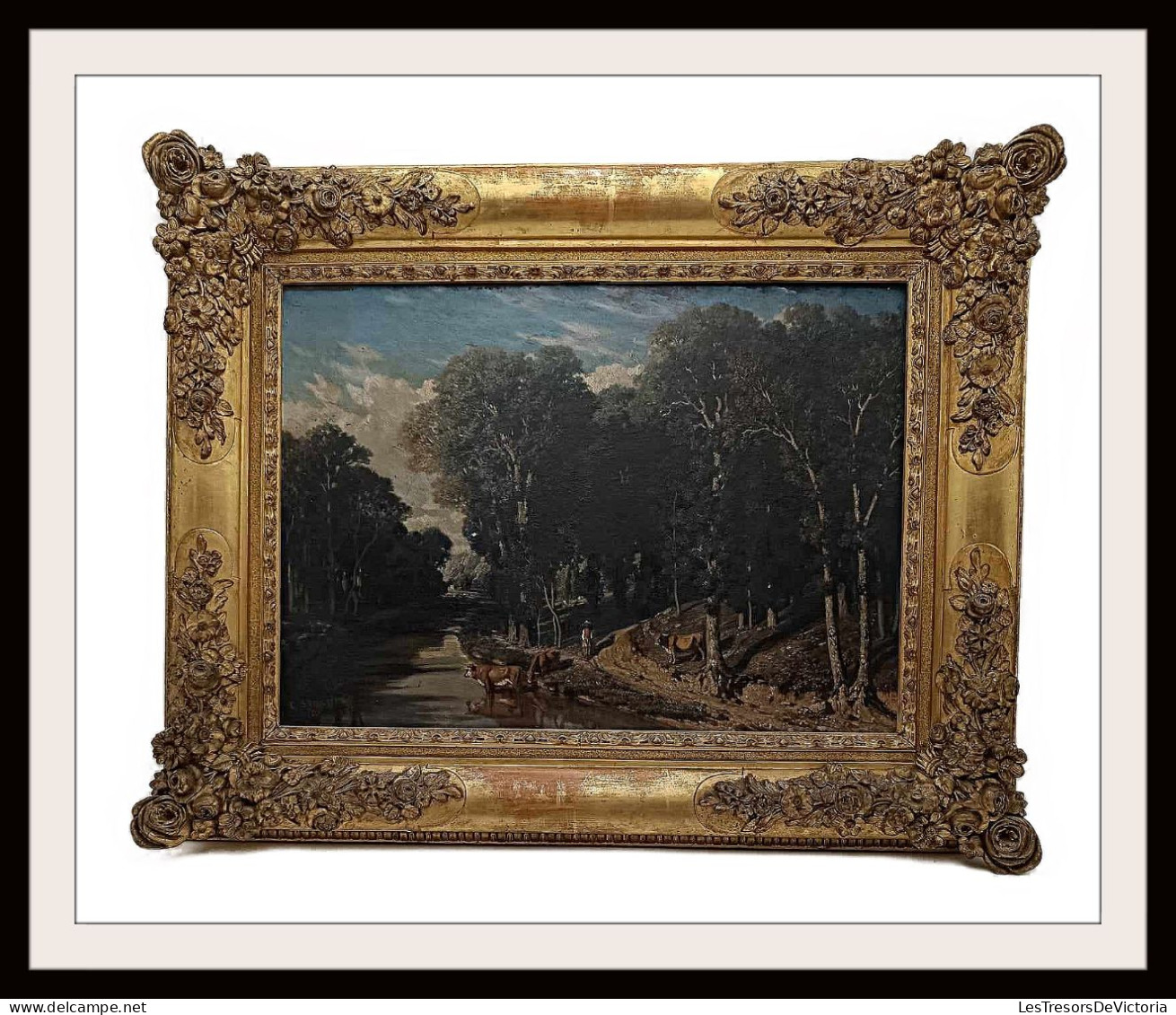 Très Beau Tableau Sabatier Décrivant Une Scène Avec Des Boeufs Buvant à La Rivière Sur Fond De Forêt - #AffairesConclues - Oils