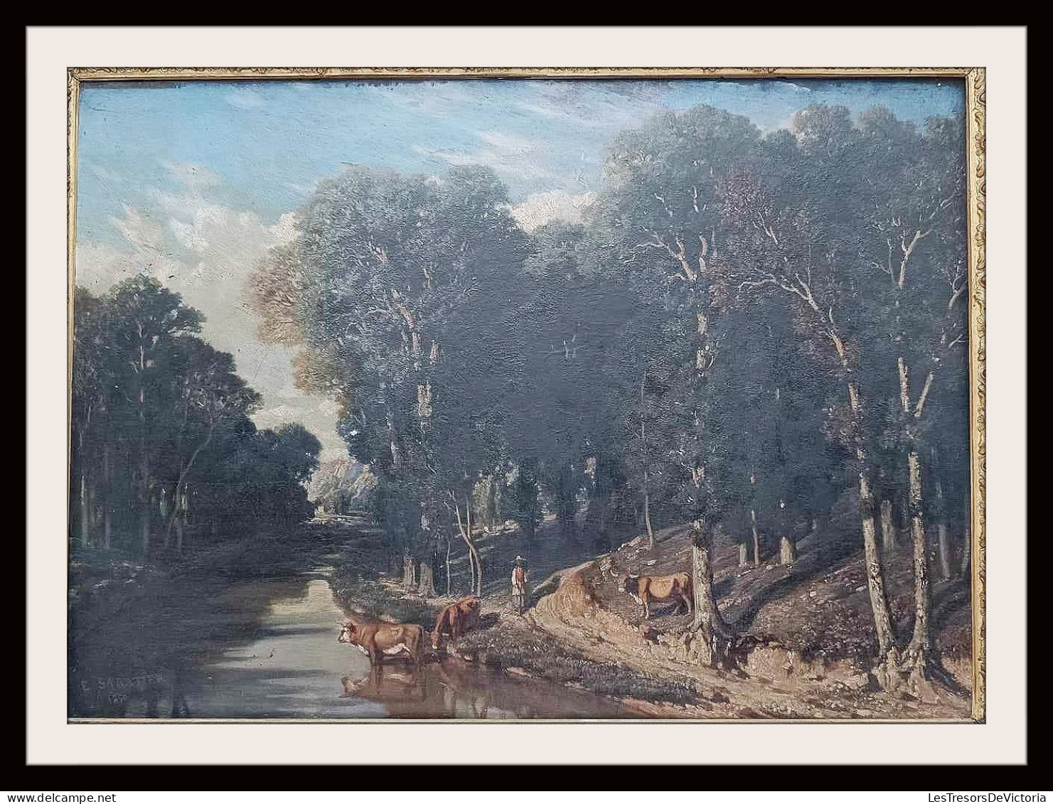 Très beau tableau Sabatier décrivant une scène avec des boeufs buvant à la rivière sur fond de Forêt - #AffairesConclues