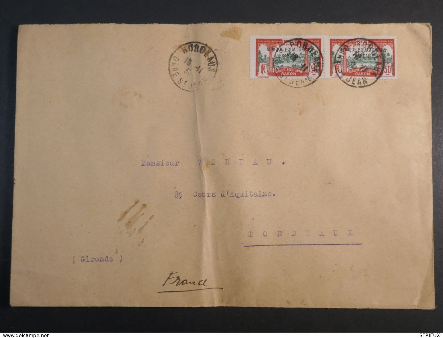 DM 21 AEF GABON BELLE  LETTRE RARE OBLITEREE BORDEAUX  1931 LIBREVILLE A BORDEAUX FRANCE  + AFF. INTERESSANT+ - Storia Postale