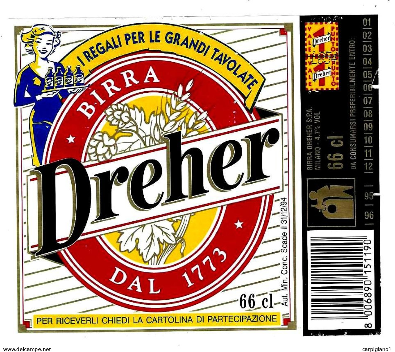 ITALIA ITALY - 1995 Etichetta Birra Beer Bière DREHER Con Concorso I Regali Per Le Grandi Tavolate - Birra