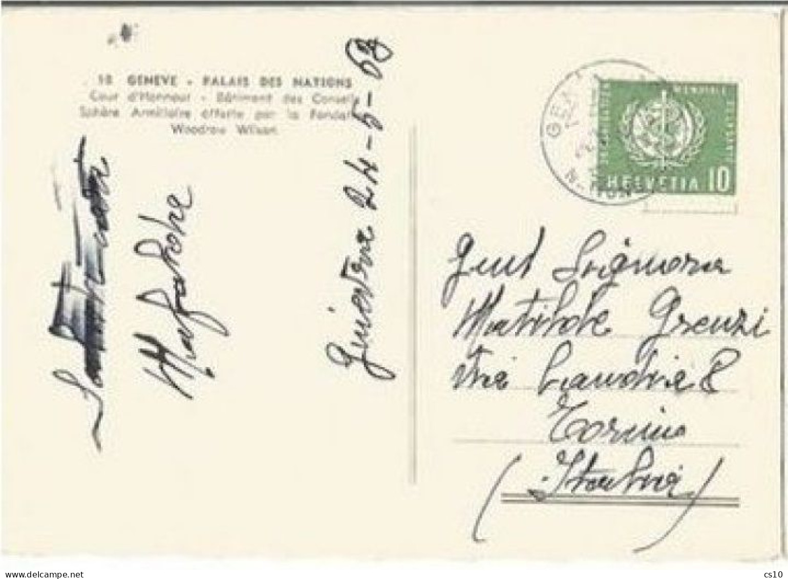 Suisse Service Nations Unies C.10 Solo Franking Pcard Geneve 24may1963 Official Cachet X Italy - Marcophilie