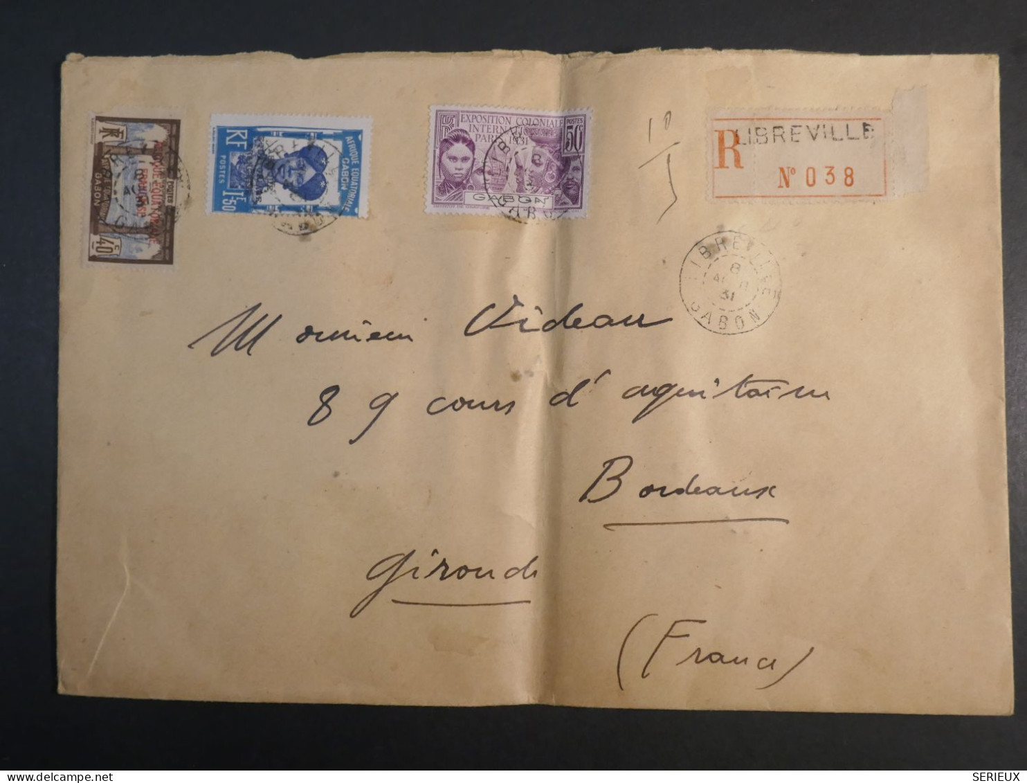 DM 21 AEF GABON BELLE  LETTRE  RECO  1931 LIBREVILLE A BORDEAUX FRANCE+N°122 EXPO   + AFF. INTERESSANT+ - Storia Postale