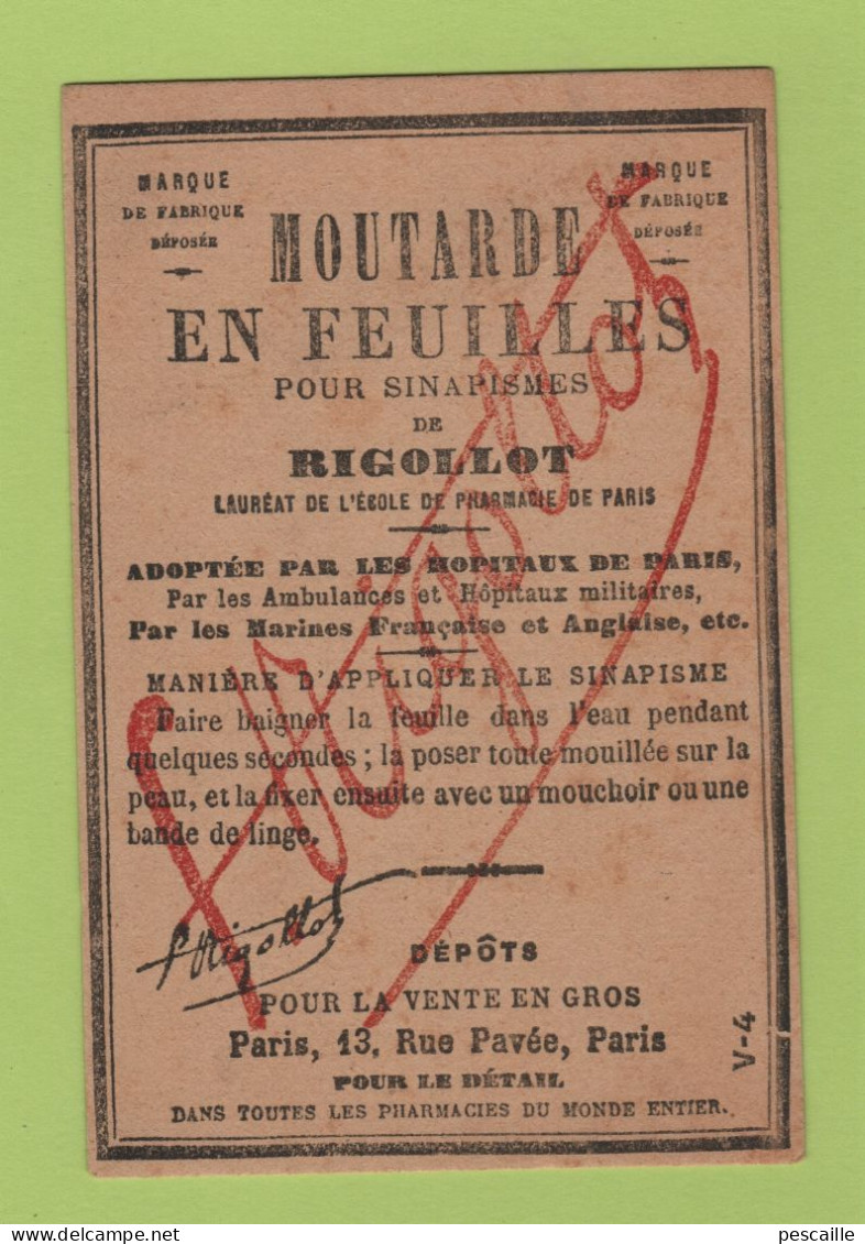 ETIQUETTE ANCIENNE MOUTARDE EN FEUILLES POUR SINAPISMES DE RIGOLLOT / PARIS 13 RUE PAVEE - Otros & Sin Clasificación