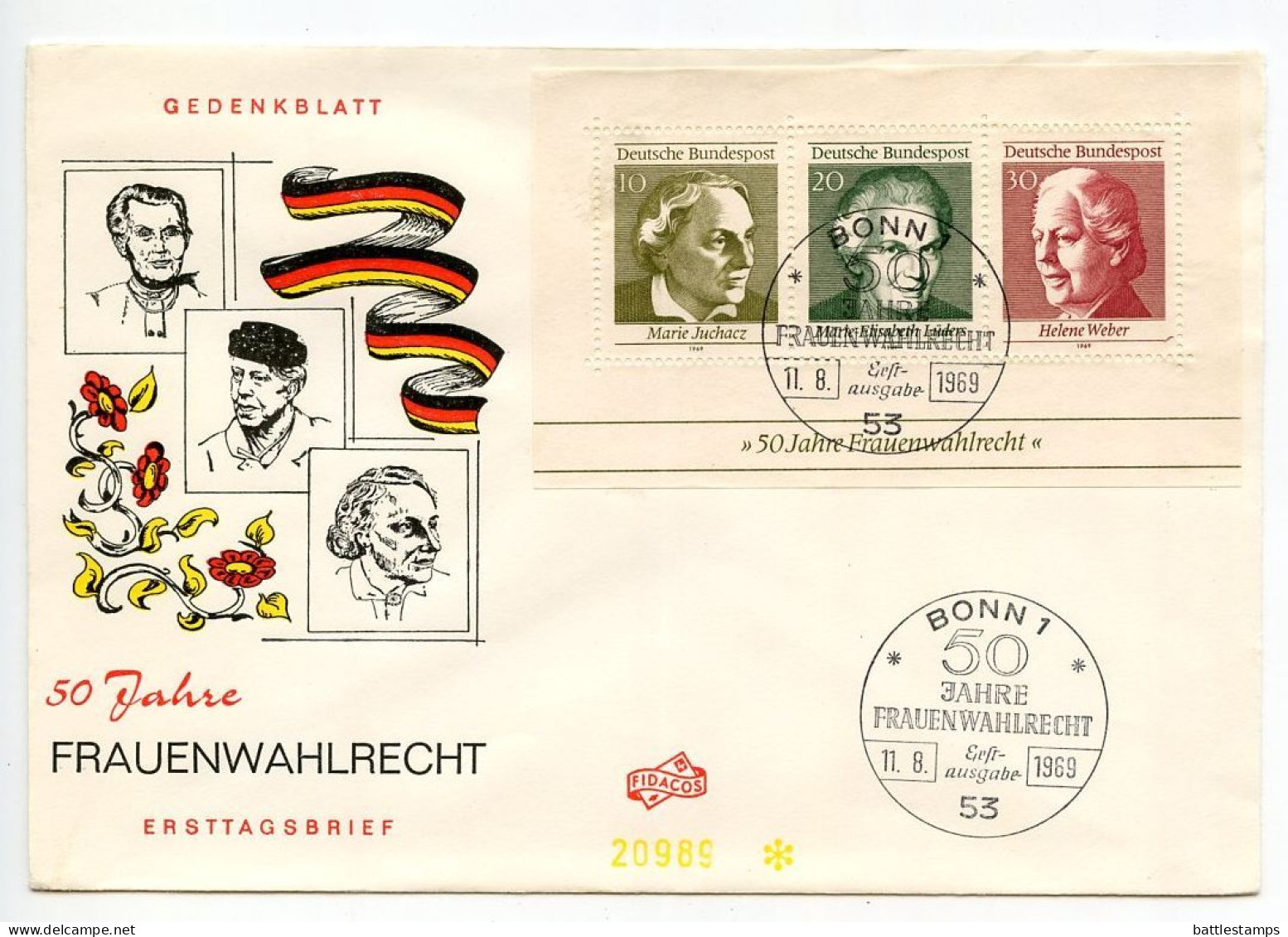 Germany, West 1969 FDC Scott 1007 S/S Universal Women's Suffrage 50th Anniversary - 1961-1970