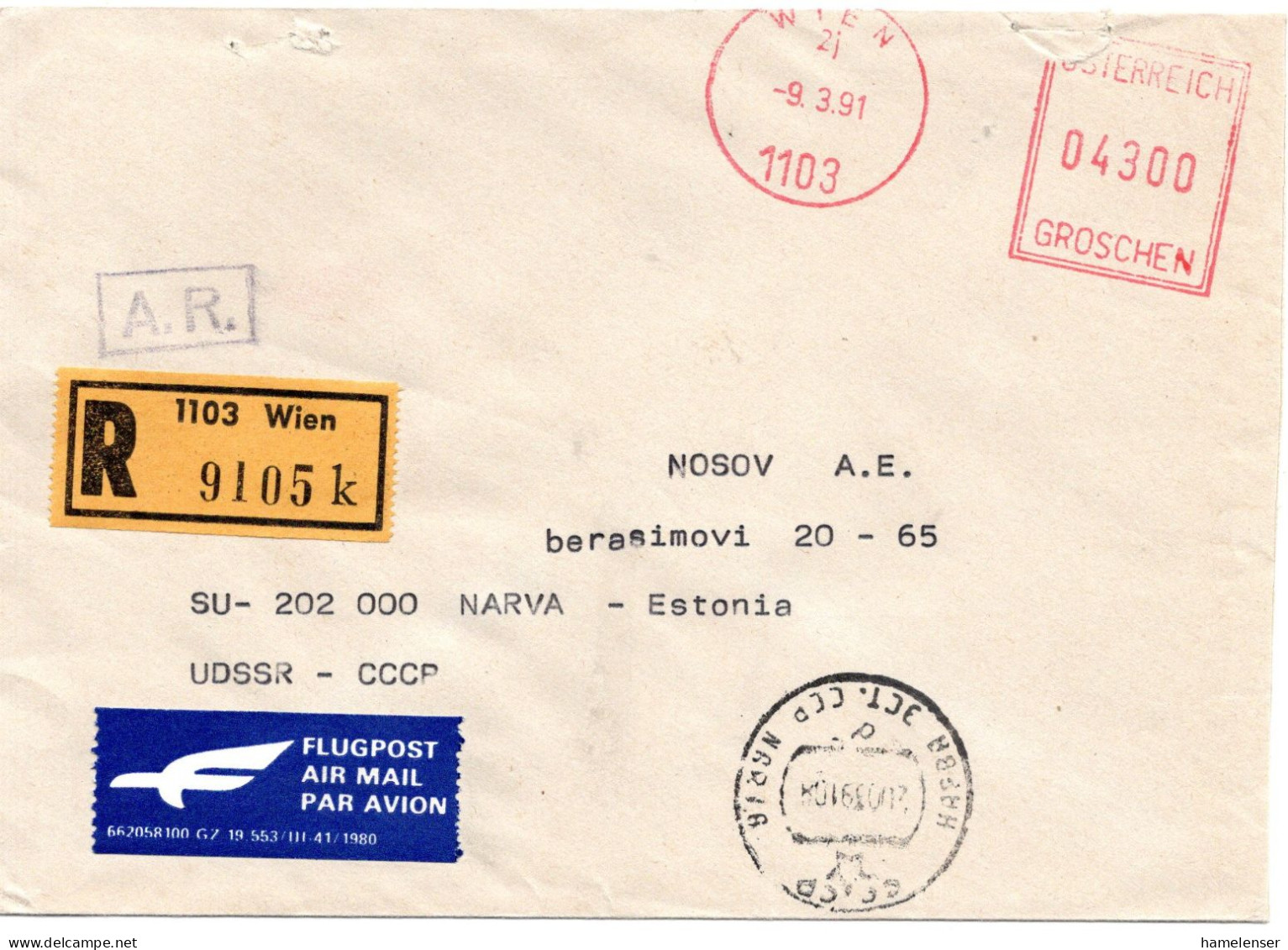 76631 - Österreich - 1991 - S43,00 Posfreistpl A R-RSchLpBf WIEN -> NARVA (Estland) - Lettres & Documents
