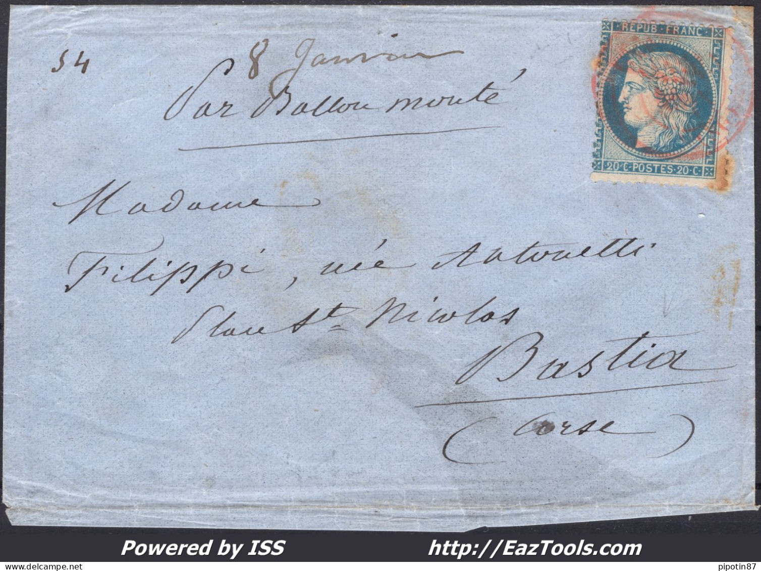 FRANCE N°37 SUR BALLON MONTÉ LE DUQUESNE CAD ROUGE PARIS SC DU 08/01/1871 - 1870 Assedio Di Parigi