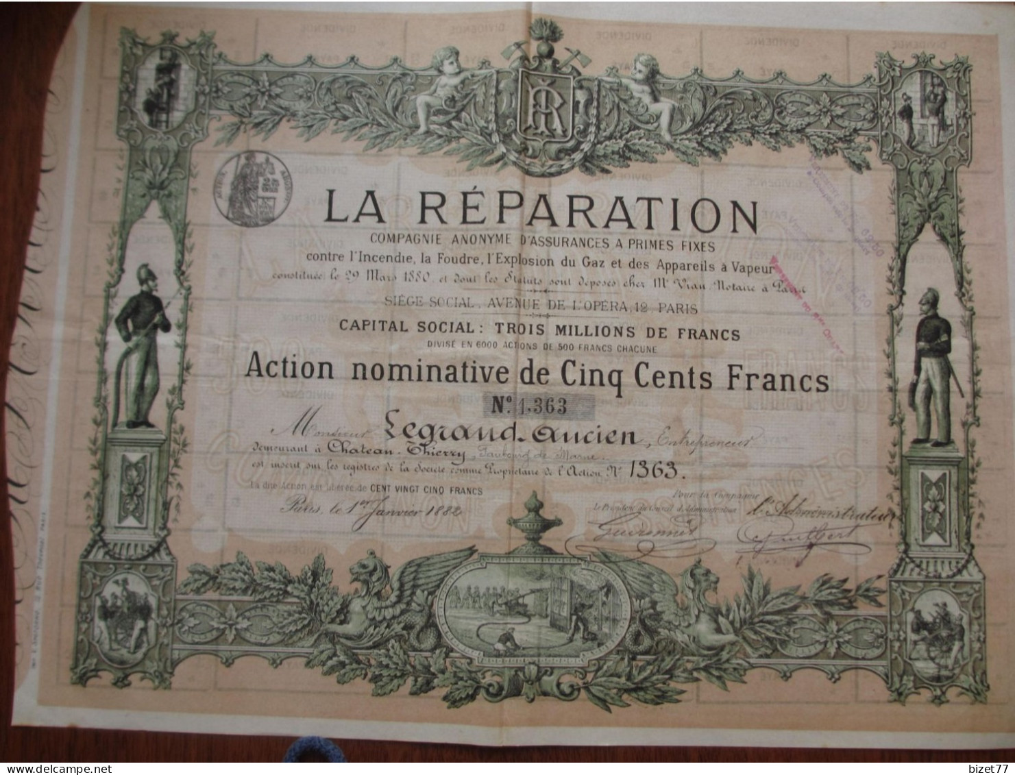 FRANCE - SCENES DE POMPIERS - LA REPARATION  : ASSURANCE INCENDIE, FOUDRE ETC - ACTION DE 500 FRS - PARIS 1880  - RARE - Other & Unclassified