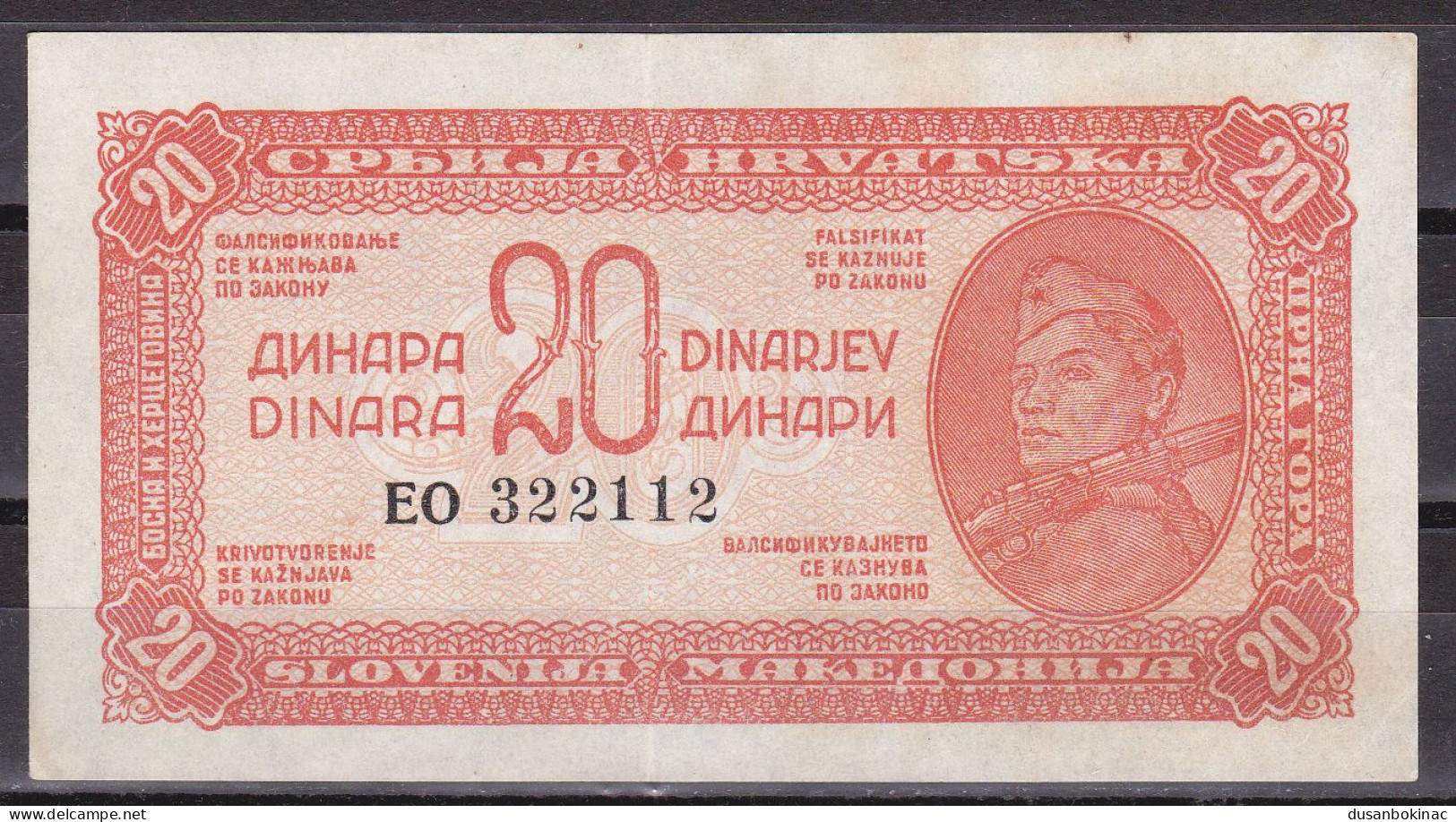 Yugoslavia-20 Dinara 1944 XF Baroque Number Horizontal Protective Thread - Jugoslavia