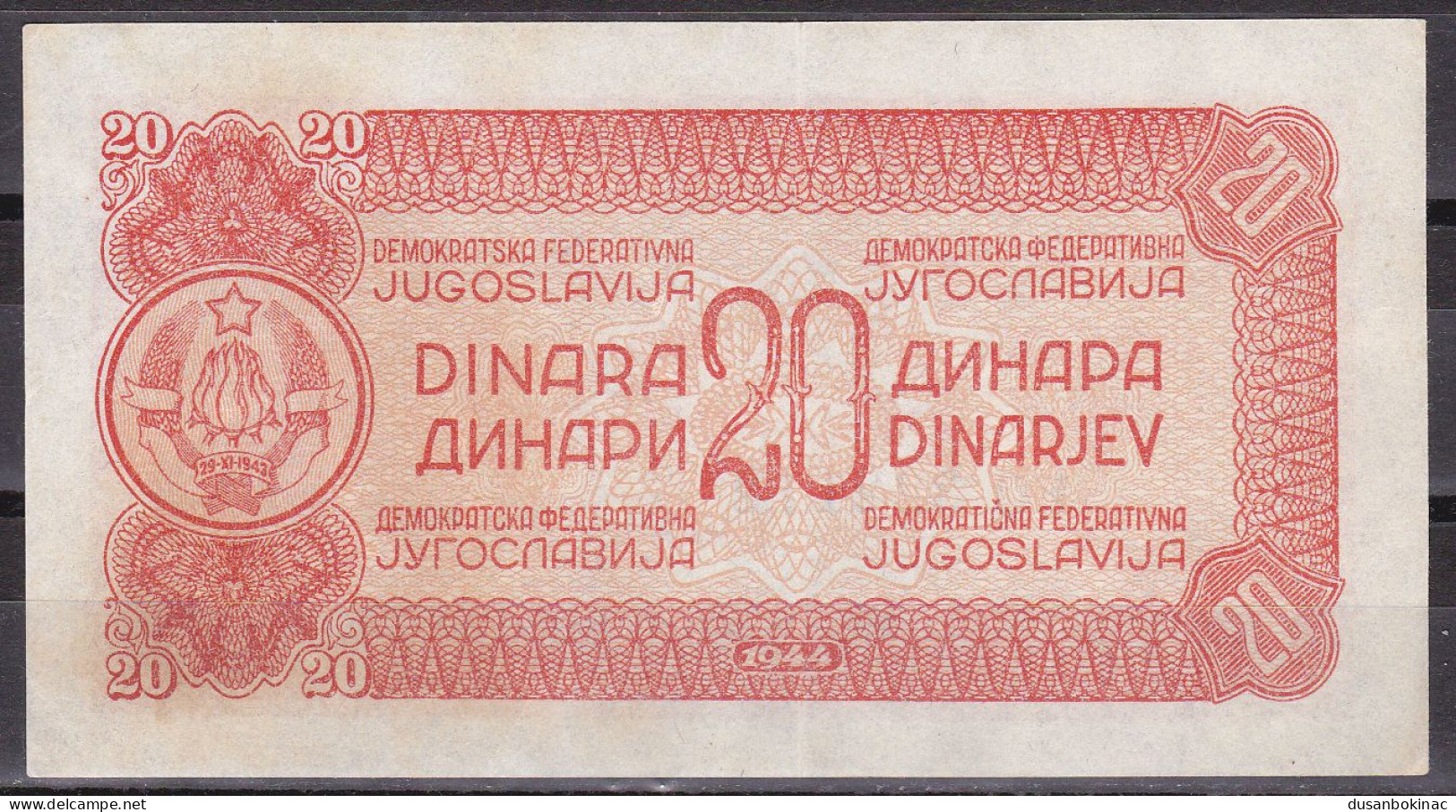 Yugoslavia-20 Dinara 1944 XF Baroque Number Horizontal Protective Thread - Yugoslavia
