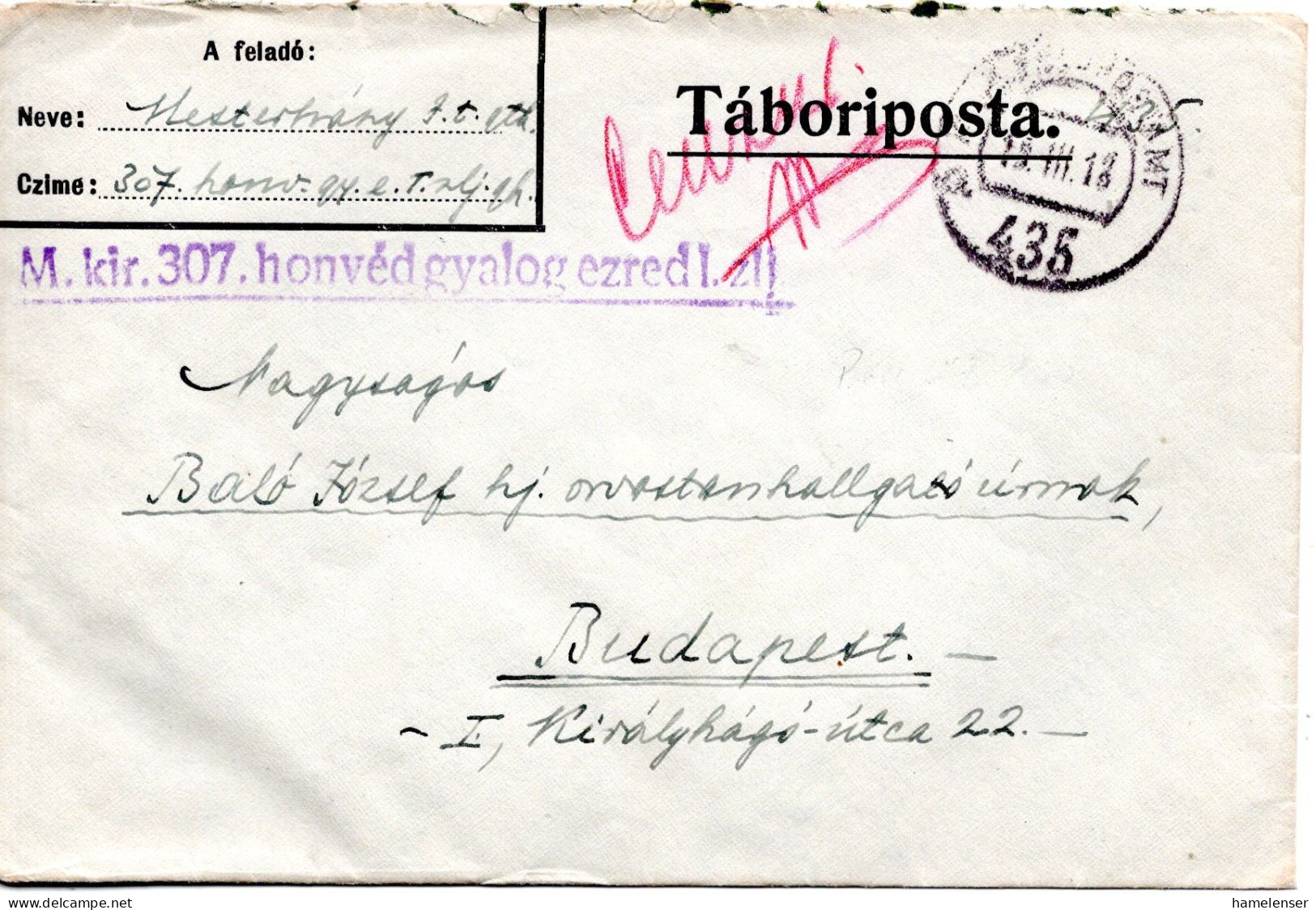 76633 - Ungarn - 1918 - FpBf K.u.K.FELDPOSTAMT 436 -> Budapest - Lettres & Documents