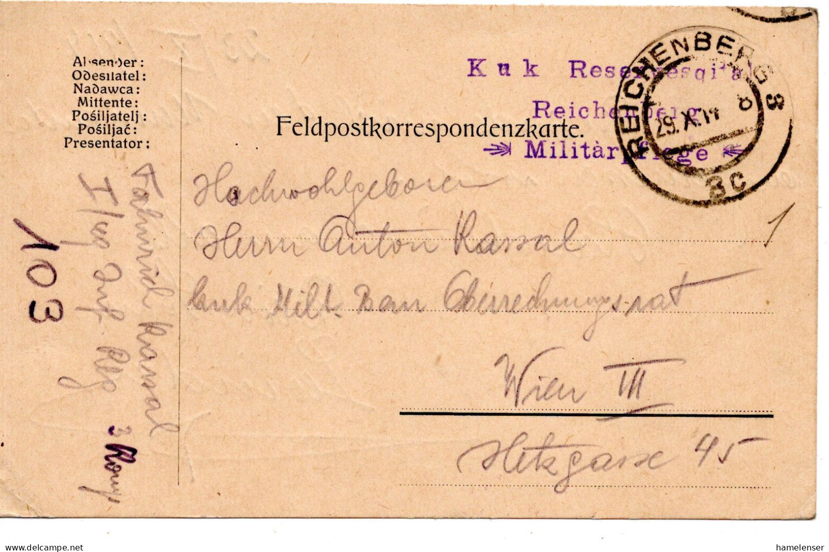 76634 - Österreich - 1914 - FpKe REICHENBERG -> Wien - Covers & Documents