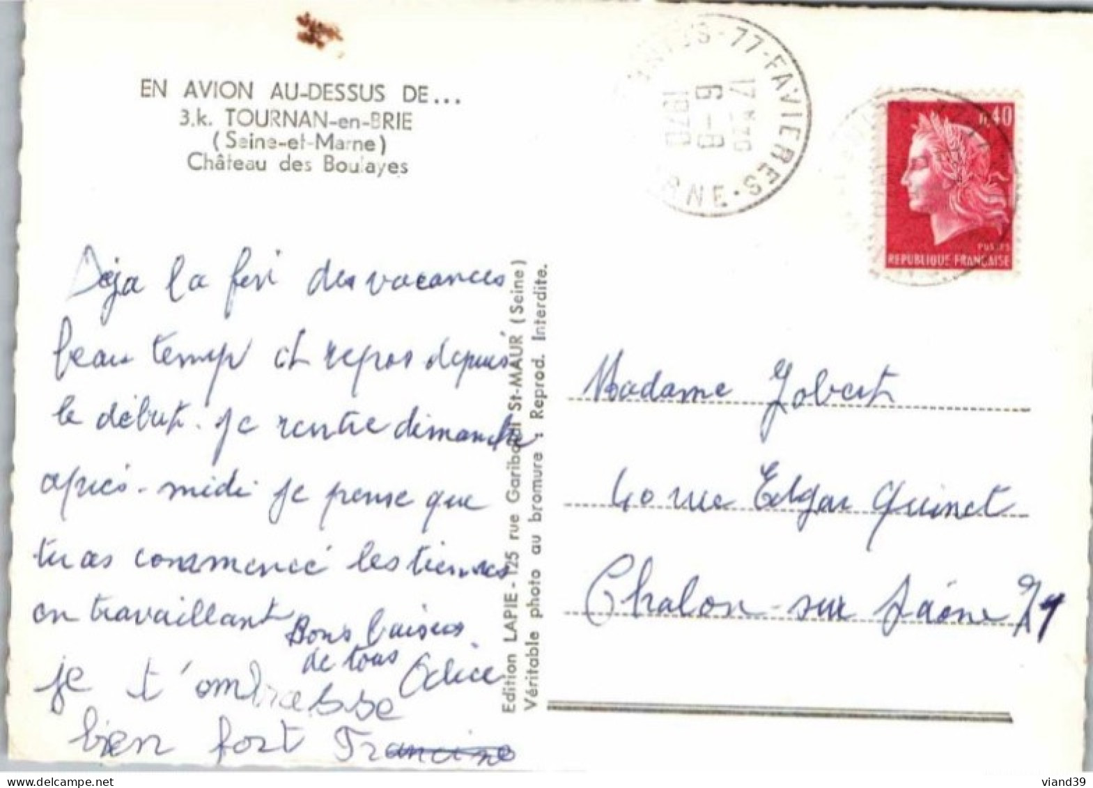 TOURNAN En BRIE. -  Château Des Boulayes       Cachet Postal. Aout 1970 - Tournan En Brie