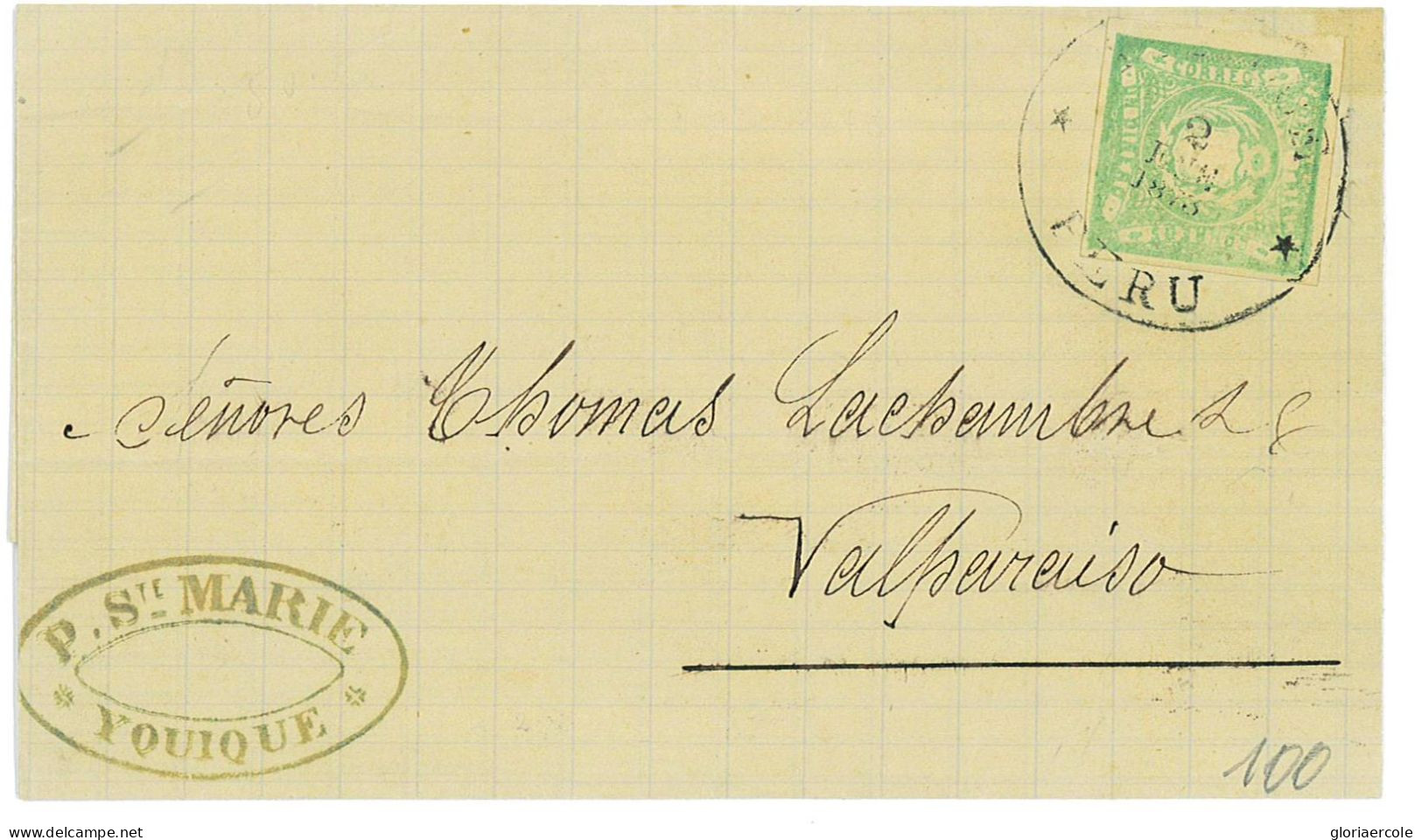 P2888 - PERU  YVERT. NR. 13, FROM YQUIQUE TO VALPARAISO, 4 WIDE MARGINS ALL AROUND, VERY CLEAN AND FRESH (1873) - Peru