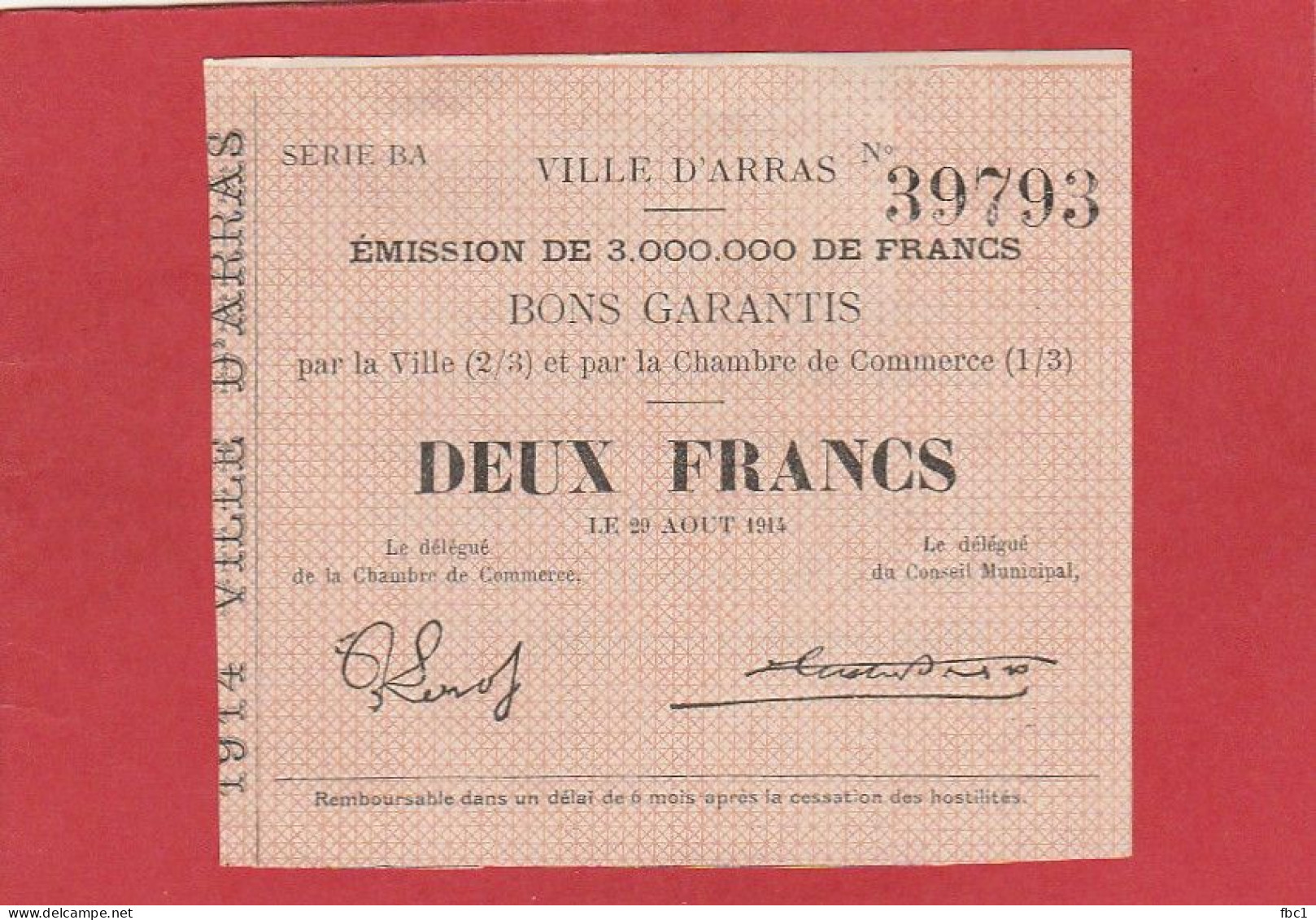 Pas De Calais - Ville D'Arras - Bons Garantis - Deux Francs (1914) - Notgeld