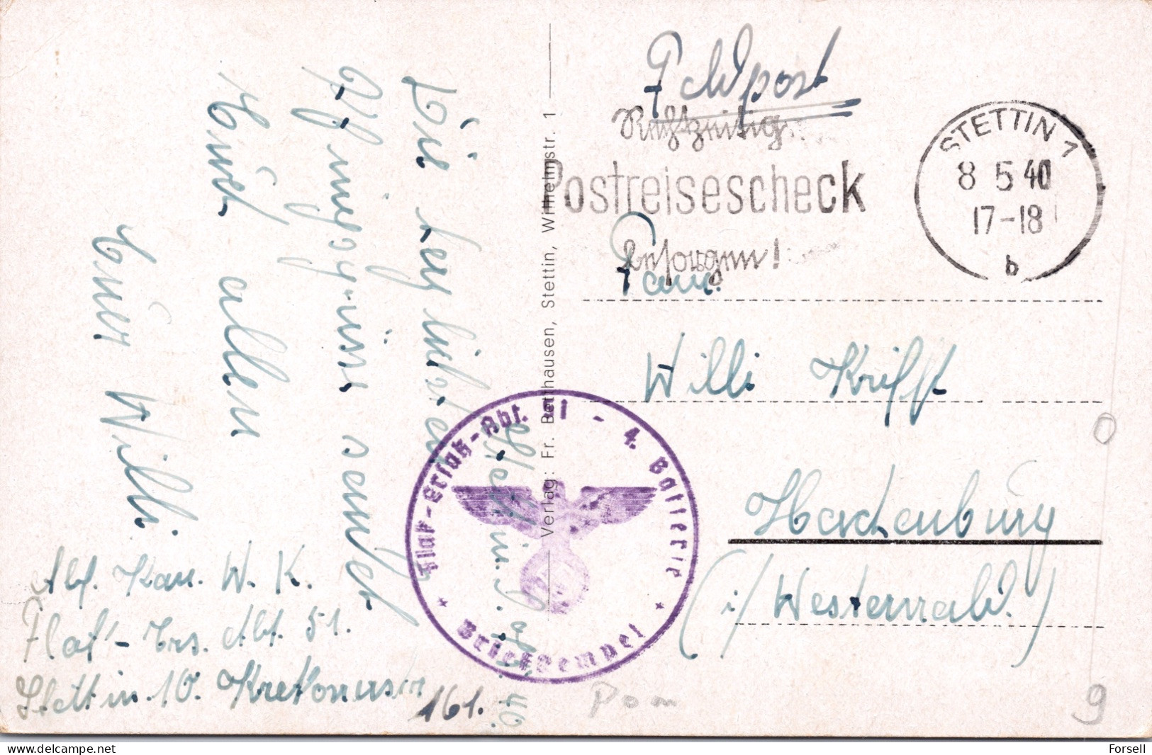 Stettin , Blick Auf Die Kaiser Wilhelmstrasse  (Feldpost, Stempel: Stettin 1940 & 3.Reich Stempel) - Pommern