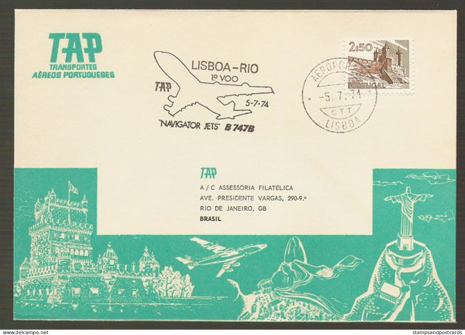 Portugal Premier Vol TAP Navigator Jets Boeing 747B Lisbonne Rio Brèsil 1974 First Flight Lisbon Brazil Brasil - Storia Postale