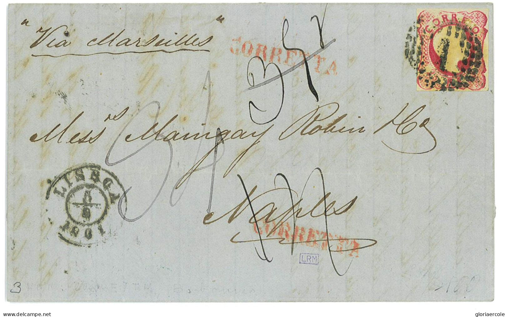 P2889 - PORTUGAL, 1861 MUNDOFIL NR. 13 ON FULL LETTER TO ITALY, 1861, VARIOUS TRANSIT AND ARRIVAL CANCELS - Cartas & Documentos