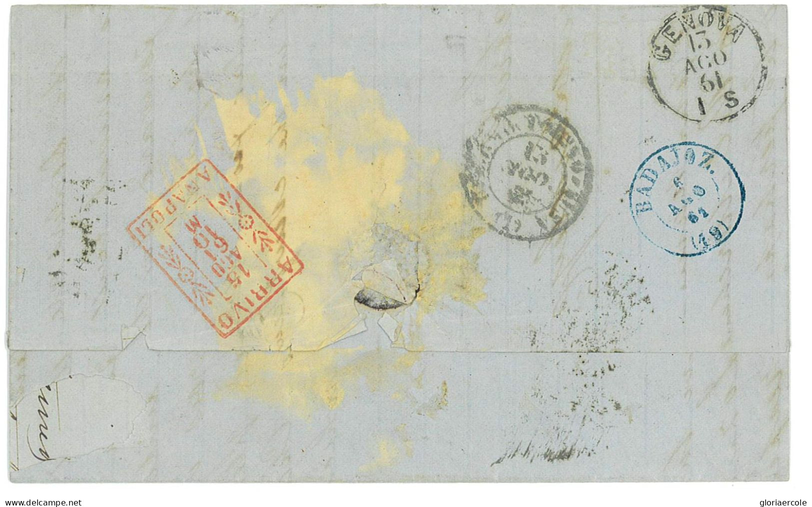 P2889 - PORTUGAL, 1861 MUNDOFIL NR. 13 ON FULL LETTER TO ITALY, 1861, VARIOUS TRANSIT AND ARRIVAL CANCELS - Storia Postale