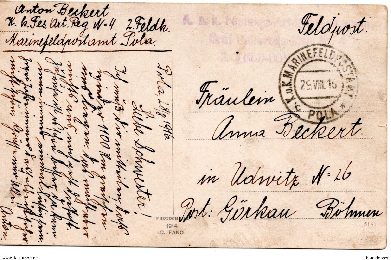 76639 - Österreich - 1916 - FpKe K.u.K. MARINEFELDPOSTAMT POLA -> Udwitz - Briefe U. Dokumente