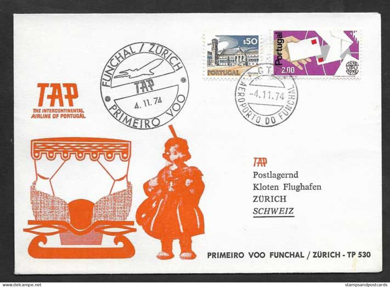 Portugal Premier Vol TAP Funchal Madère Zurich Suisse 1974 First Flight Madeira Switzerland - Lettres & Documents