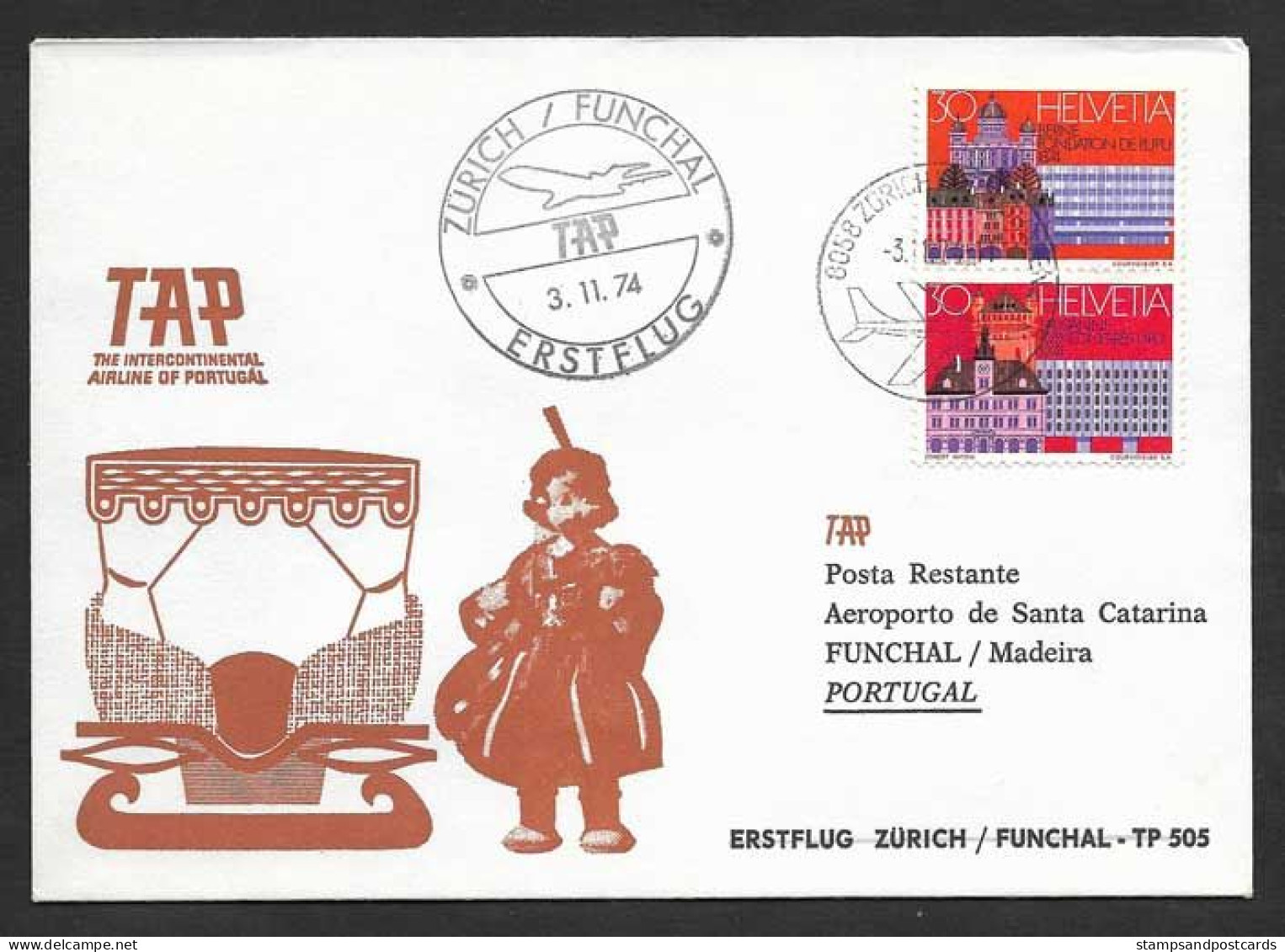 Portugal Premier Vol TAP Funchal Madère Zurich Suisse 1974 First Flight Madeira Switzerland - Lettres & Documents