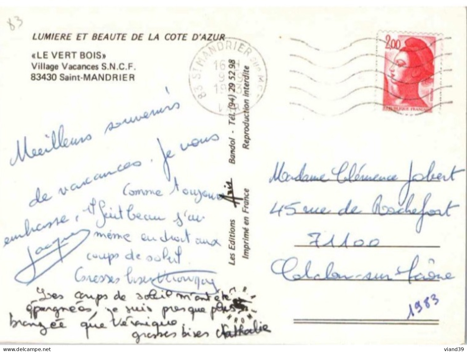SAINT MANDRIER. -  Village Vacances SNCF. " Le Vert Bois "     Cachet Postal. 198" - Saint-Mandrier-sur-Mer