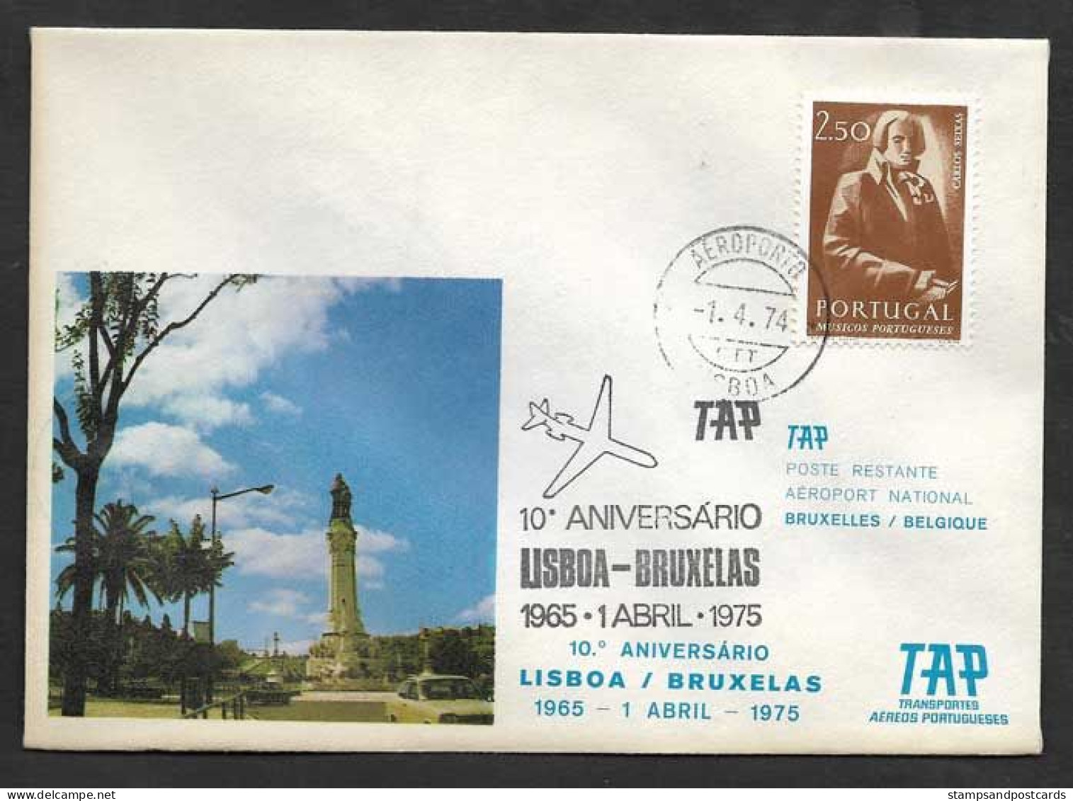 Portugal 10 Ans Premier Vol TAP Lisbonne Lisboa Bruxelles Belgique 1974 First Flight 25 Years Lisbon Brussels - Storia Postale