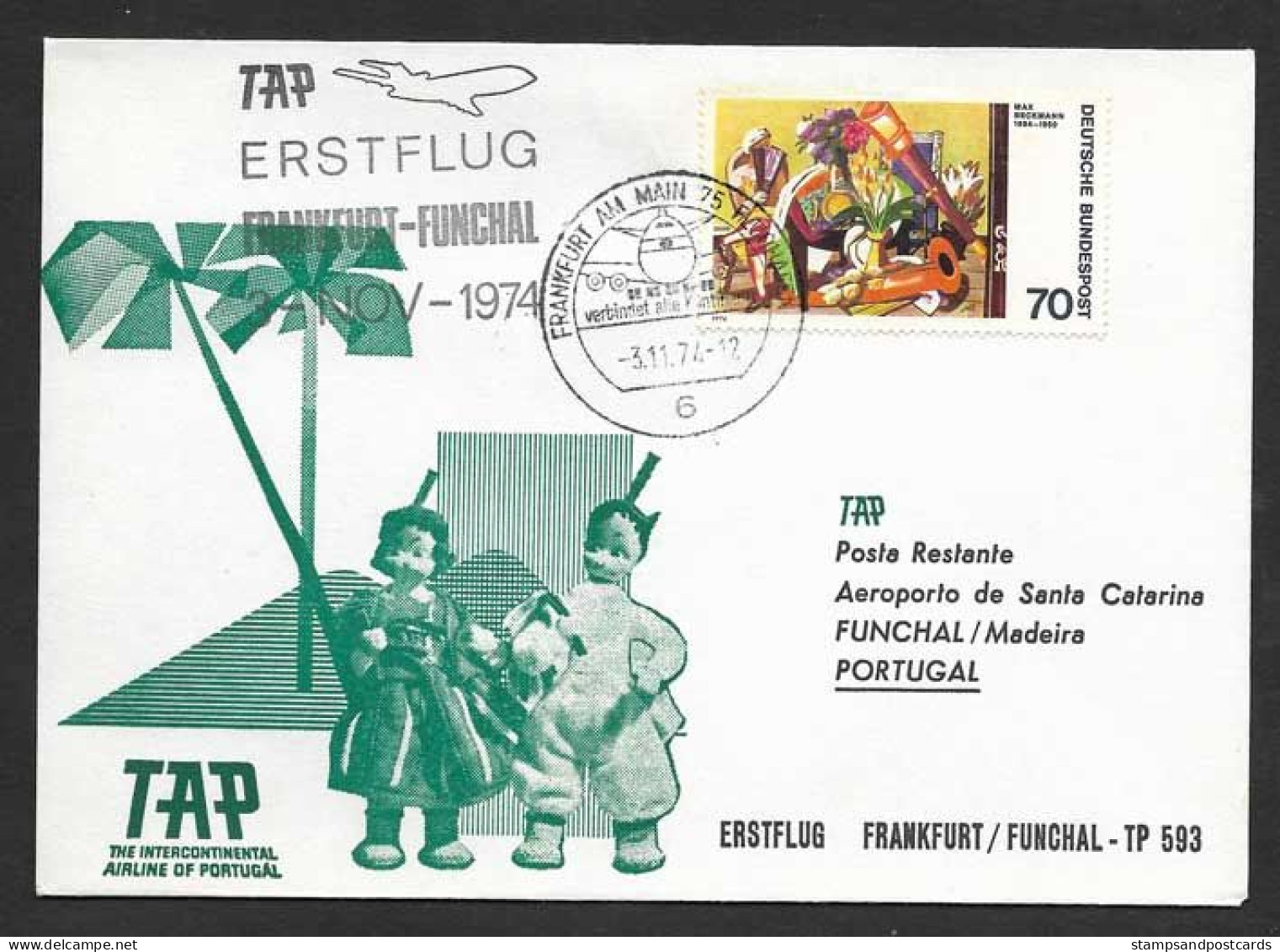 Portugal Premier Vol TAP Funchal Madère Frankfurt Allemagne 1974 First Flight Funchal Madeira Germany - Storia Postale