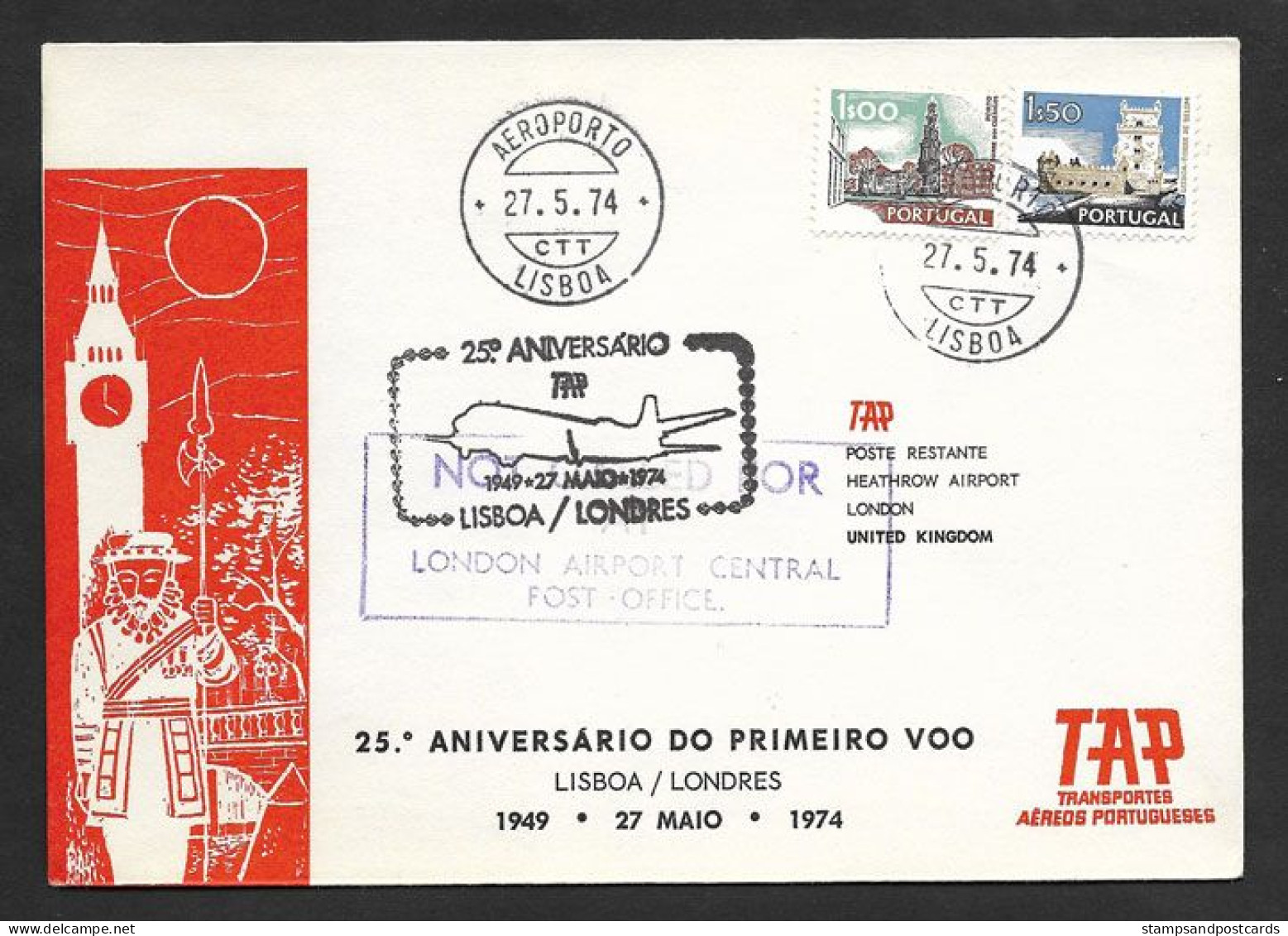 Portugal 25 Ans Premier Vol TAP Lisbonne Londres 1974 First Flight 25 Years Lisbon London - Storia Postale