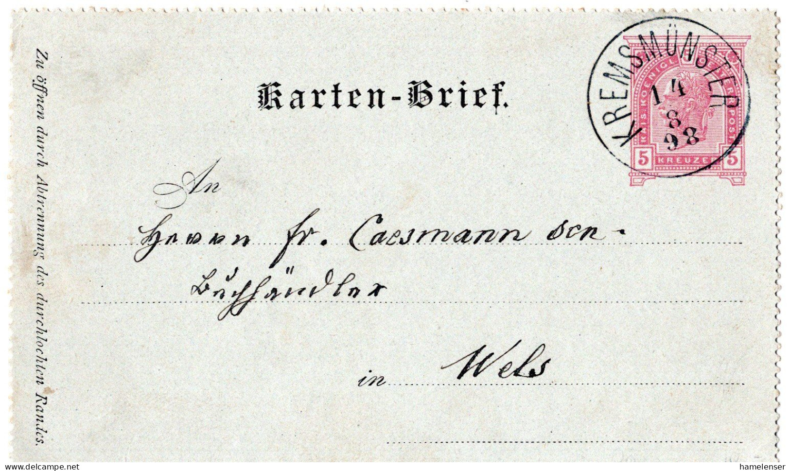 76642 - Österreich - 1898 - 5Kr GAKartenBf KREMSMUENSTER -> WELS - Briefe U. Dokumente