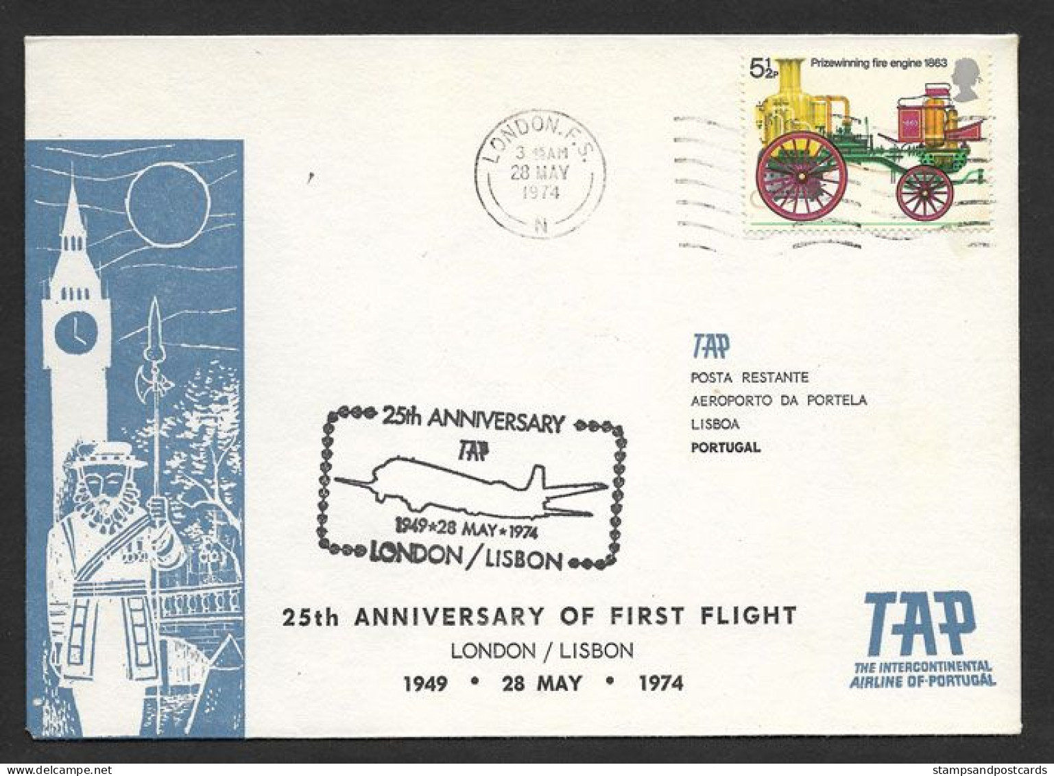 Portugal 25 Ans Premier Vol TAP Londres Lisbonne 1974 First Flight 25 Years London Lisbon - Lettres & Documents