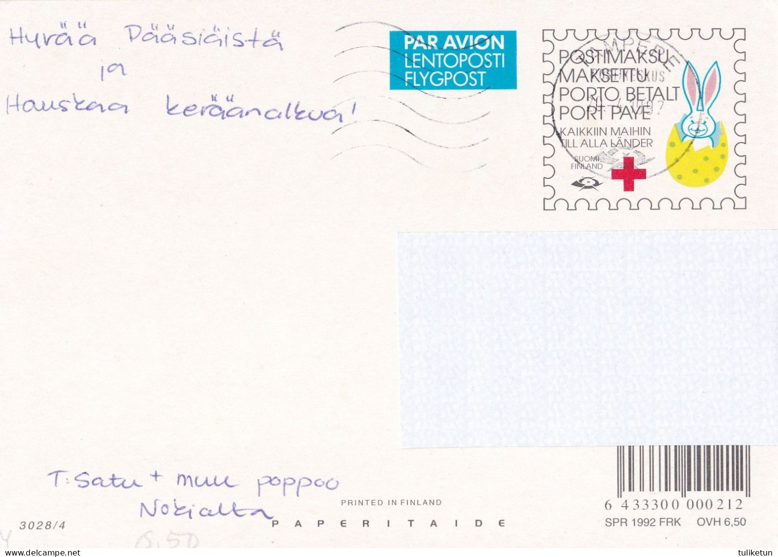 Postal Stationery - Chicks With Eggs - Happy Easter - Red Cross 1992 - Suomi Finland - Postage Paid - Lars Carlsson - Entiers Postaux