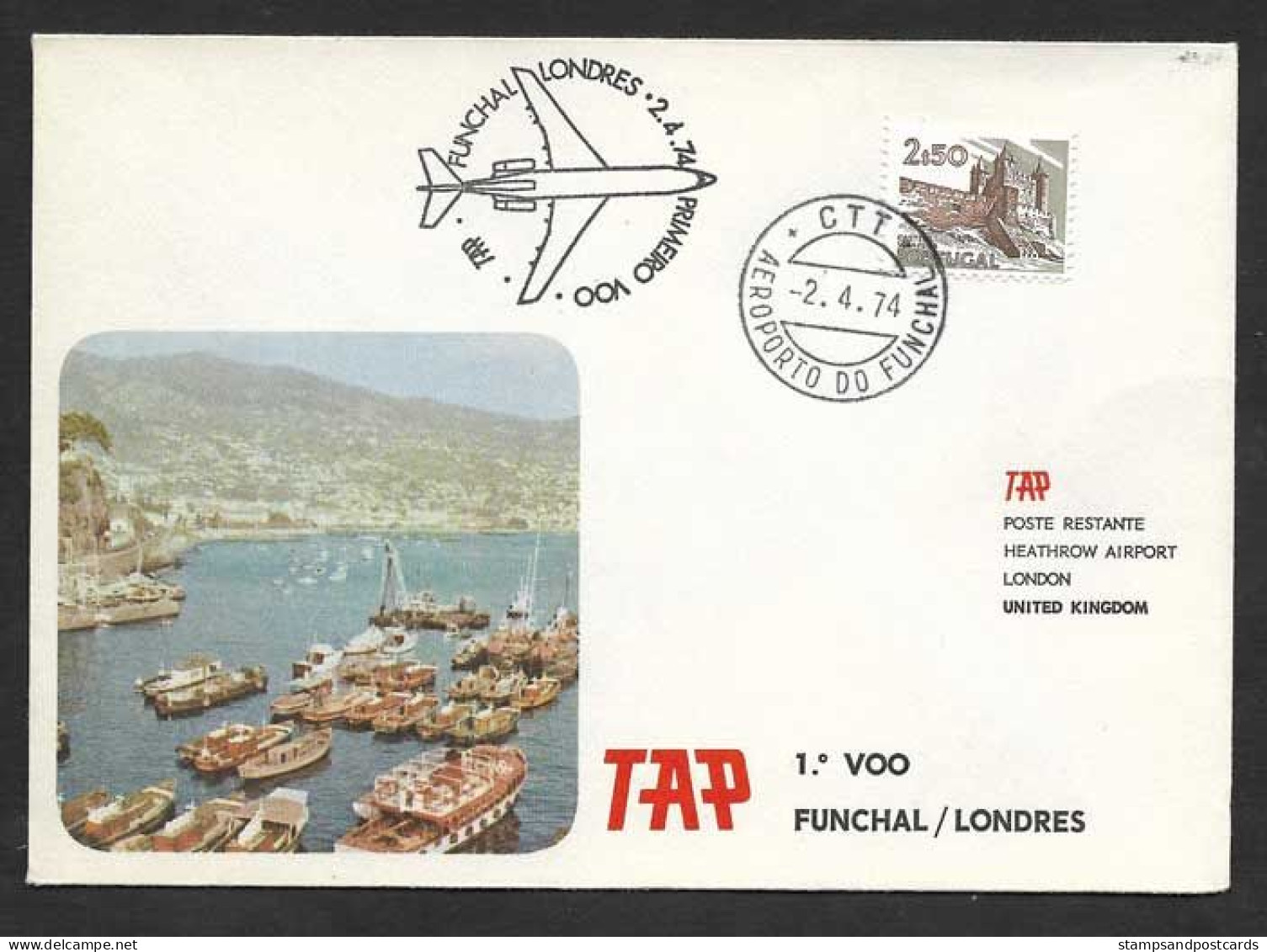 Portugal Premier Vol TAP Funchal Madère Londres Royaume Uni 1974 First Flight Madeira London United Kingdom - Covers & Documents