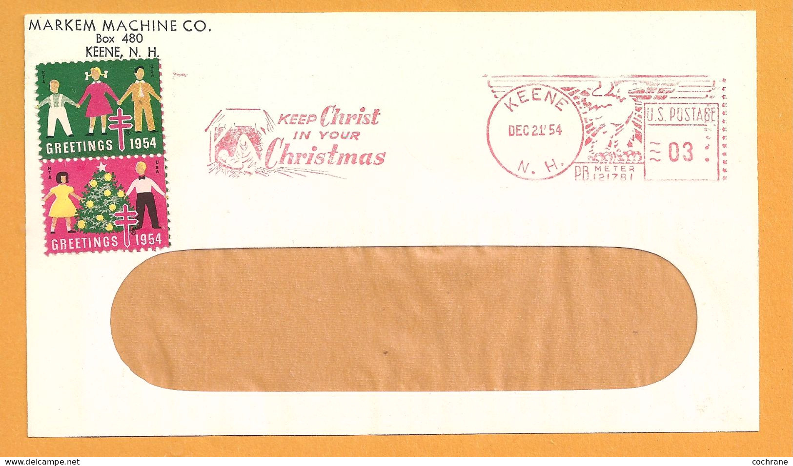 Empreinte De Machine à Affranchir En Rouge à 3 Cents USA Keene 1954 - Christmas