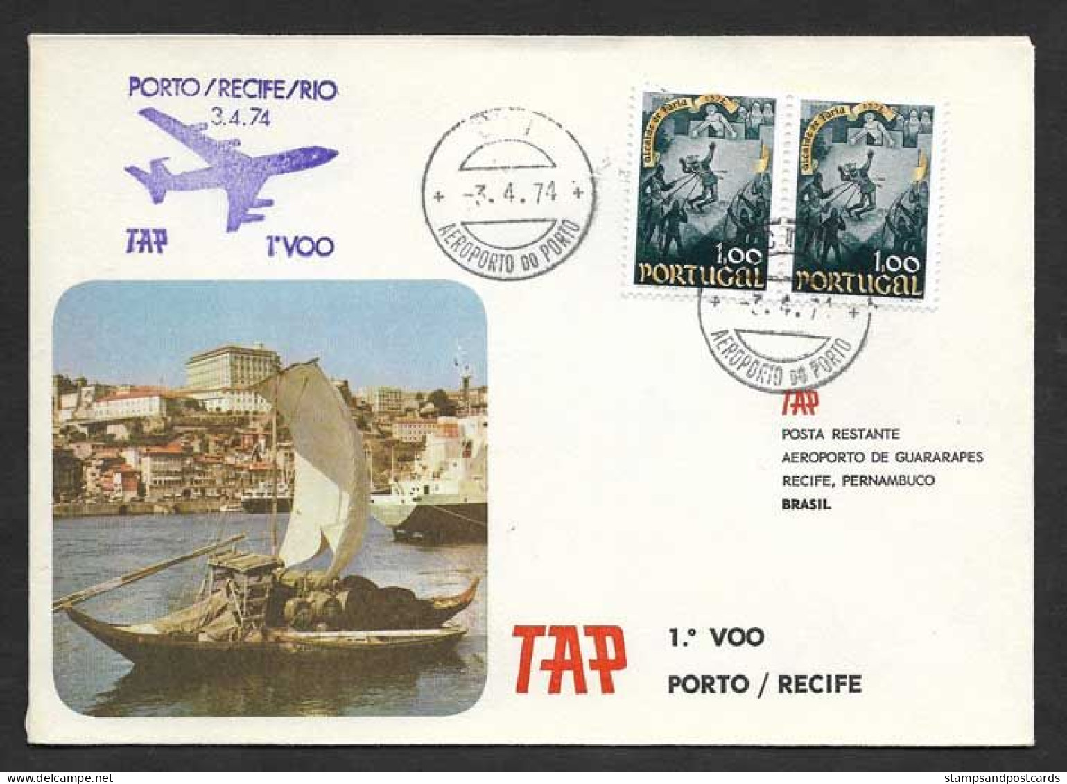 Portugal Brèsil Brasil Brazil Premier Vol TAP Porto Recife 1974 Bateau Vin Du Porto First Flight Oporto Recife Wine Boat - Poste Aérienne