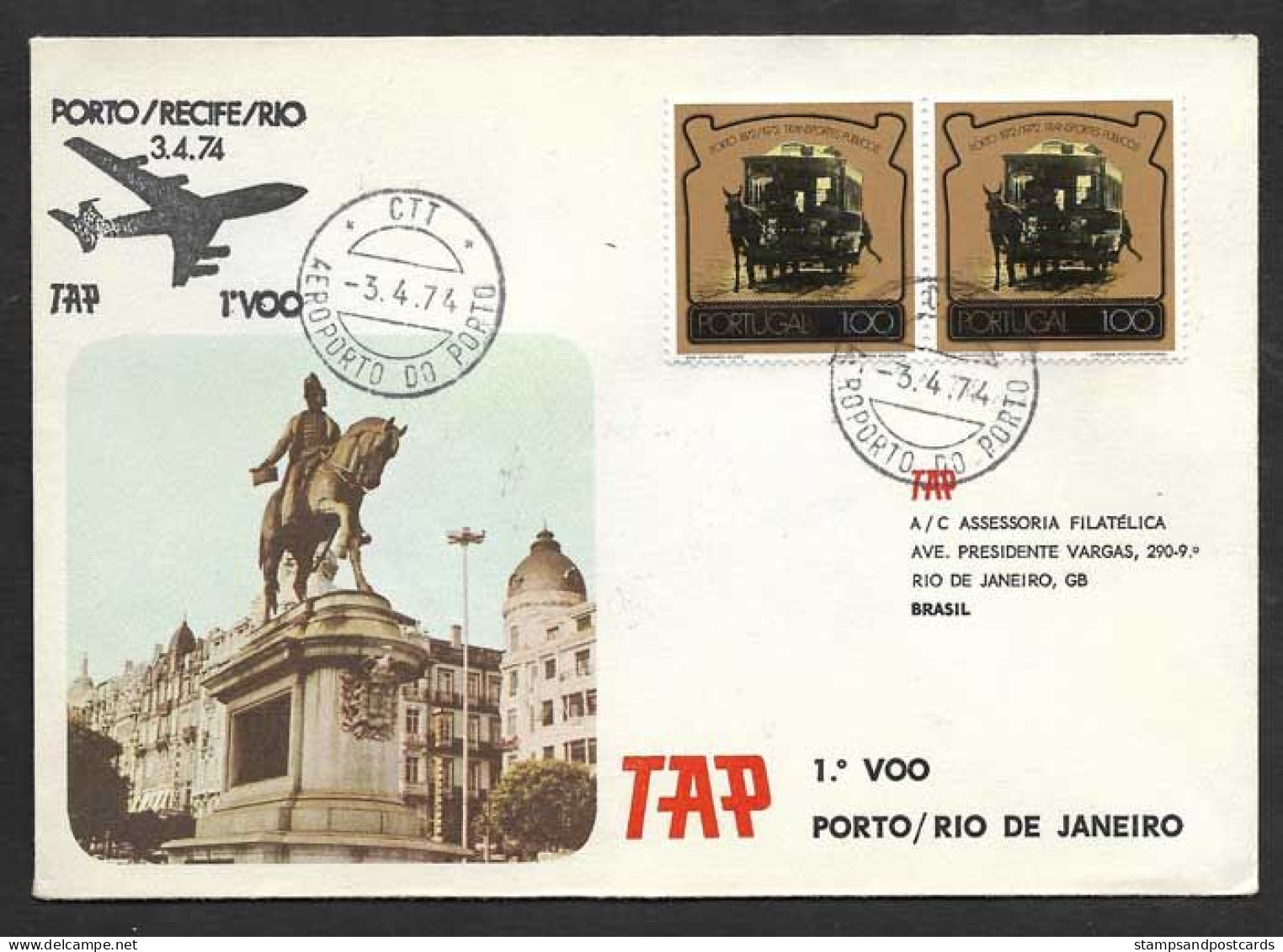 Portugal Brèsil Brasil Brazil Premier Vol TAP Porto Rio 1974 First Flight Oporto Rio De Janeiro - Poste Aérienne