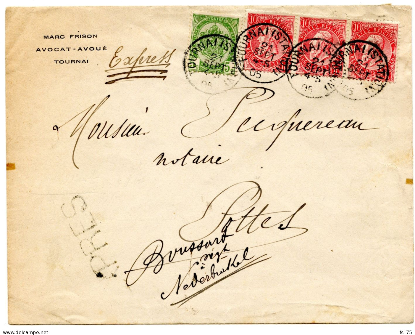 BELGIQUE - COB 56+58X3 SIMPLE CERCLE TOURNAI (STATION) SUR LETTRE PAR EXPRES, 1905 - 1905 Thick Beard