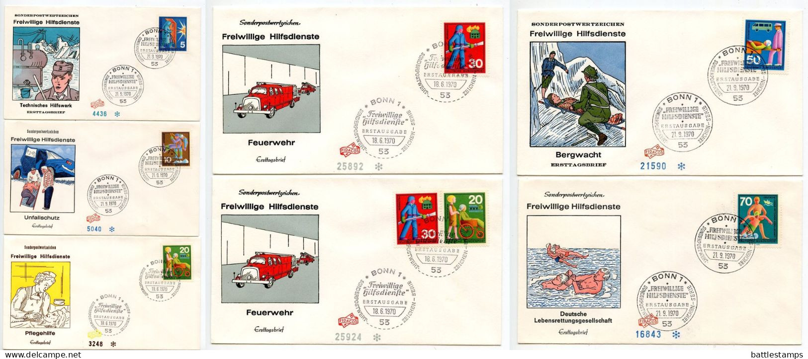 Germany, West 1970 7 FDCs Scott 1022-1027 Voluntary Services - Rescuers, Nurse, Fireman, Etc. / Freiwillige Hilfsdienste - 1961-1970