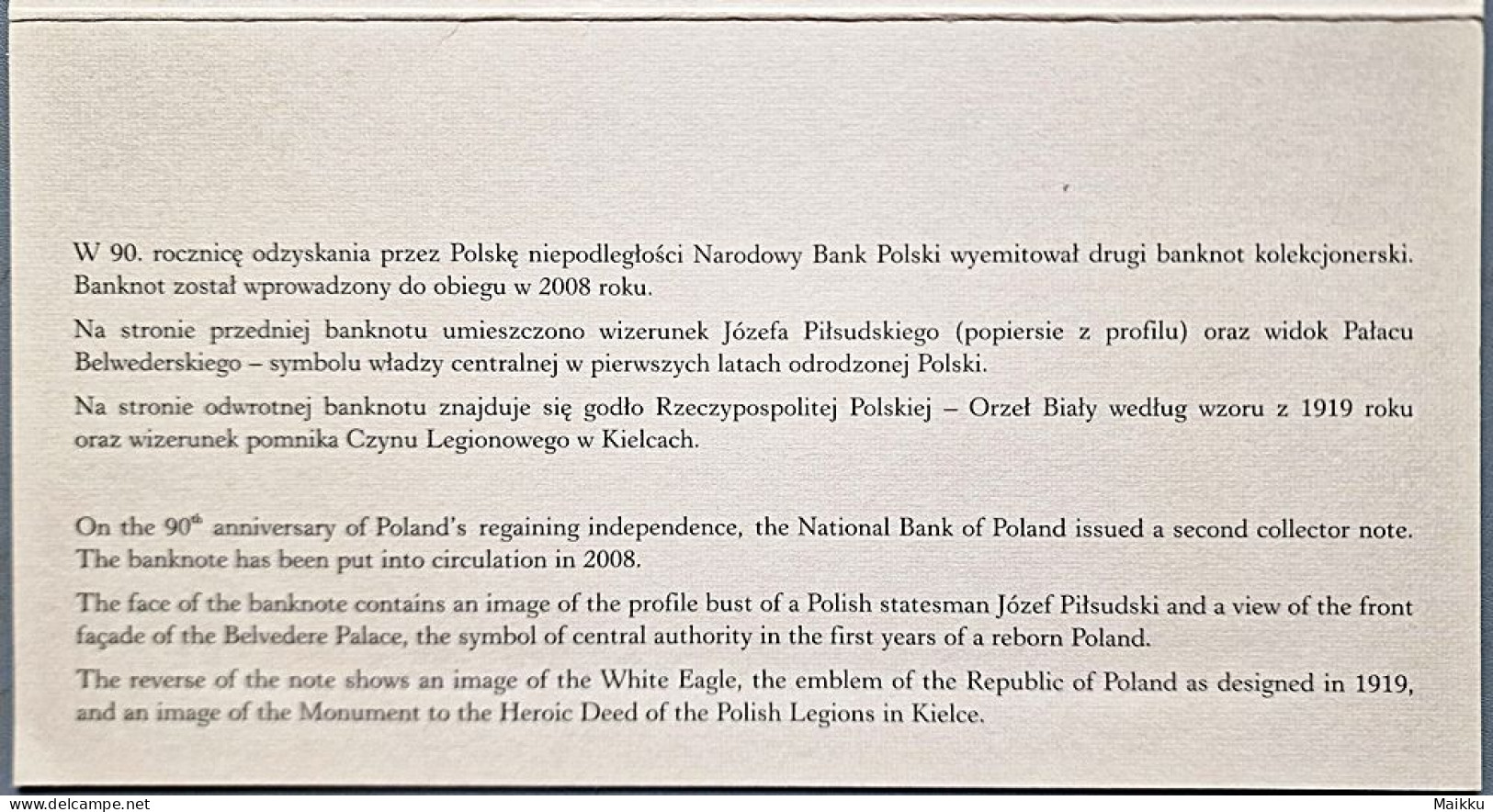 Poland 10 Zlotych 2008 P-179 UNC >  Commemorative (90th Anniv. Of Independence 1918, Josef Pilsudski) - Poland