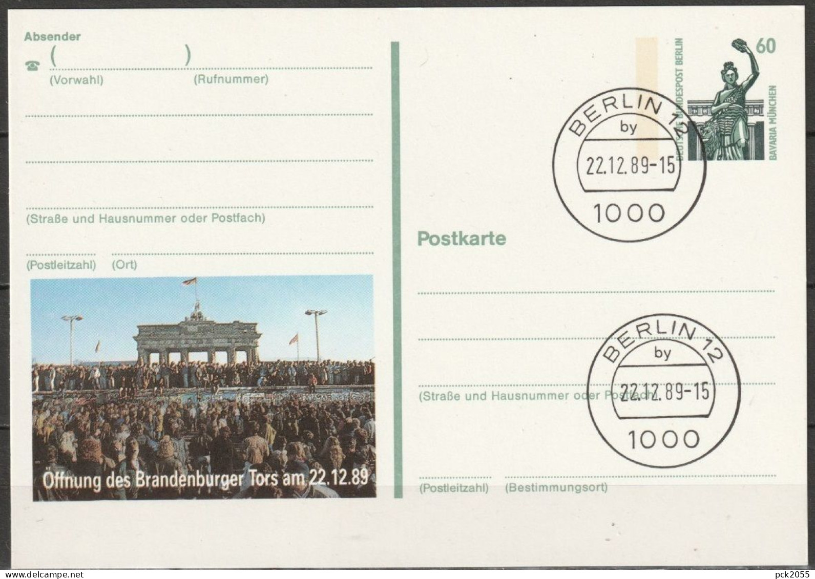 Berlin Privat-Ganzsache 1989 Mi.Nr.P130 Mit Zudruck Brandenburger Tor Stempel Berlin 22.12.89( PK 292 ) - Privé Postkaarten - Gebruikt