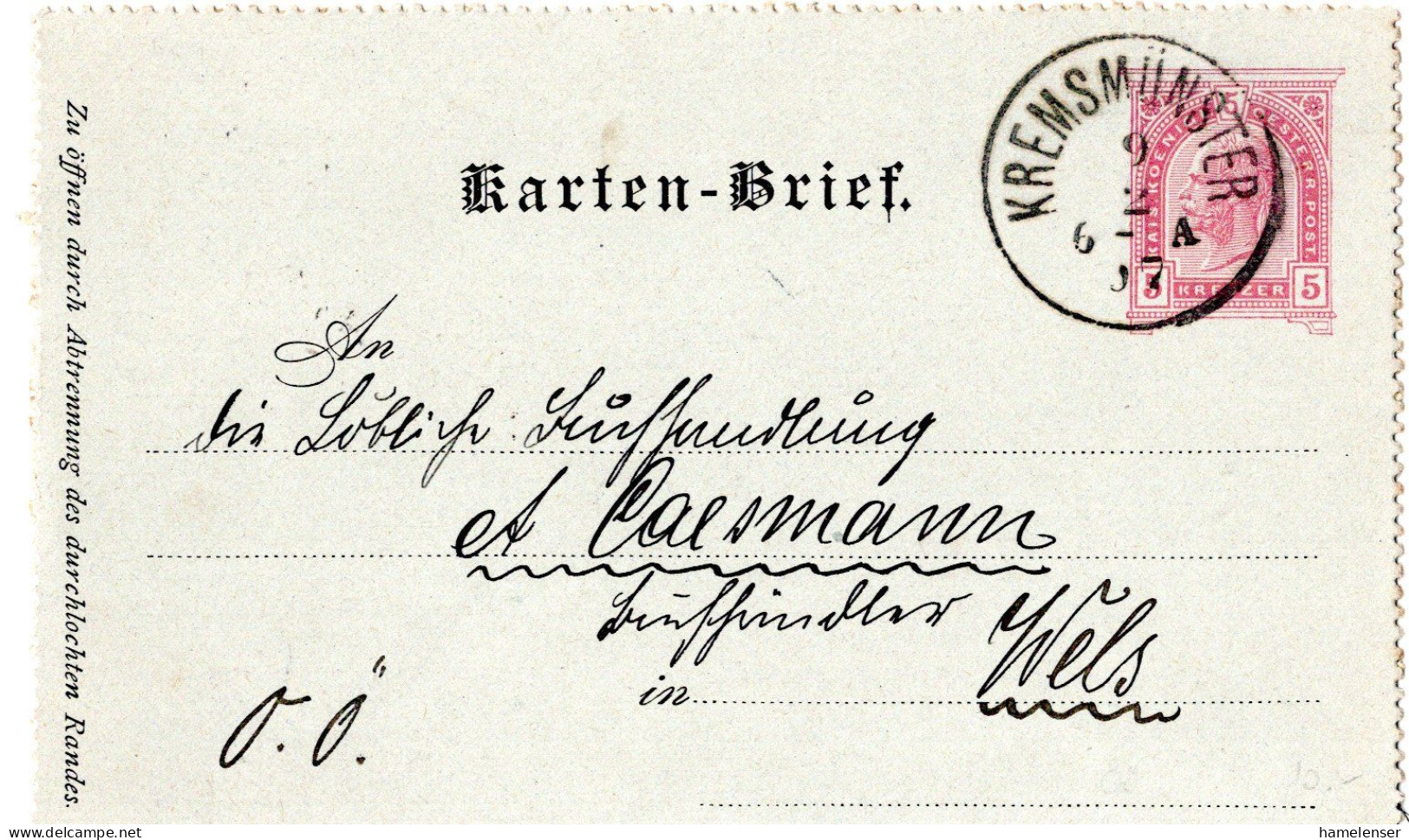 76645 - Österreich - 1897 - 5Kr GAKartenbf KREMSMUENSTER -> WELS - Lettres & Documents