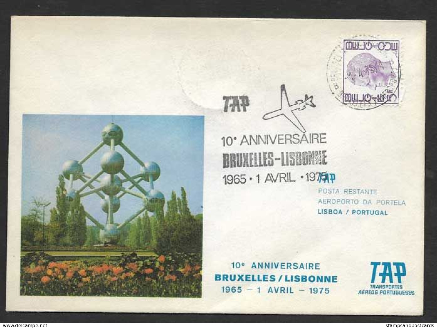 Portugal 10 Ans Premier Vol TAP Lisbonne Lisboa Bruxelles Belgique 1975 First Flight 10 Years Lisbon Brussels Atomium - Cartas & Documentos